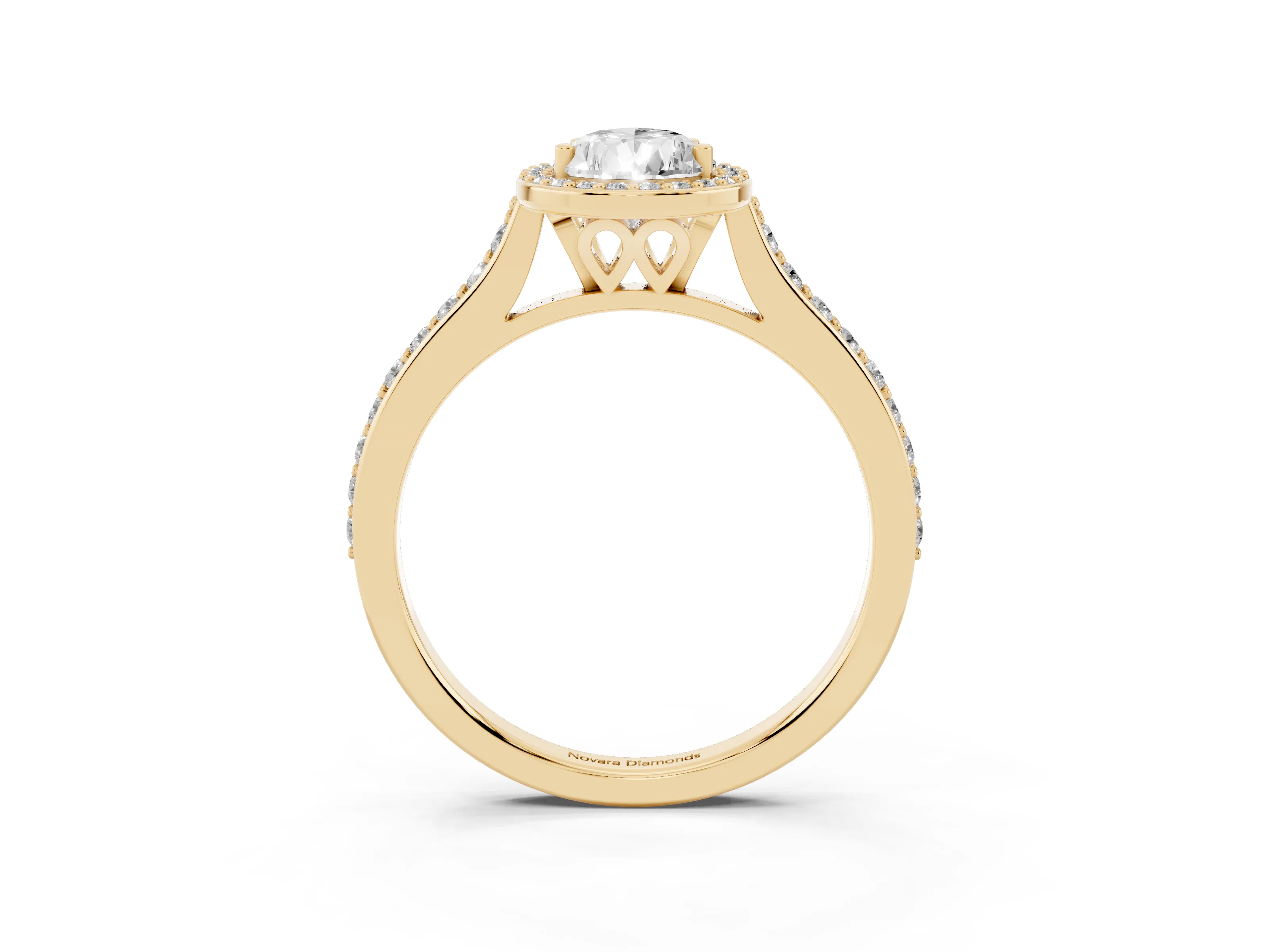 Pear Cut Diamond Halo Engagement Ring Set in Yellow gold with Round Pavé Shoulders and Heart Gallery