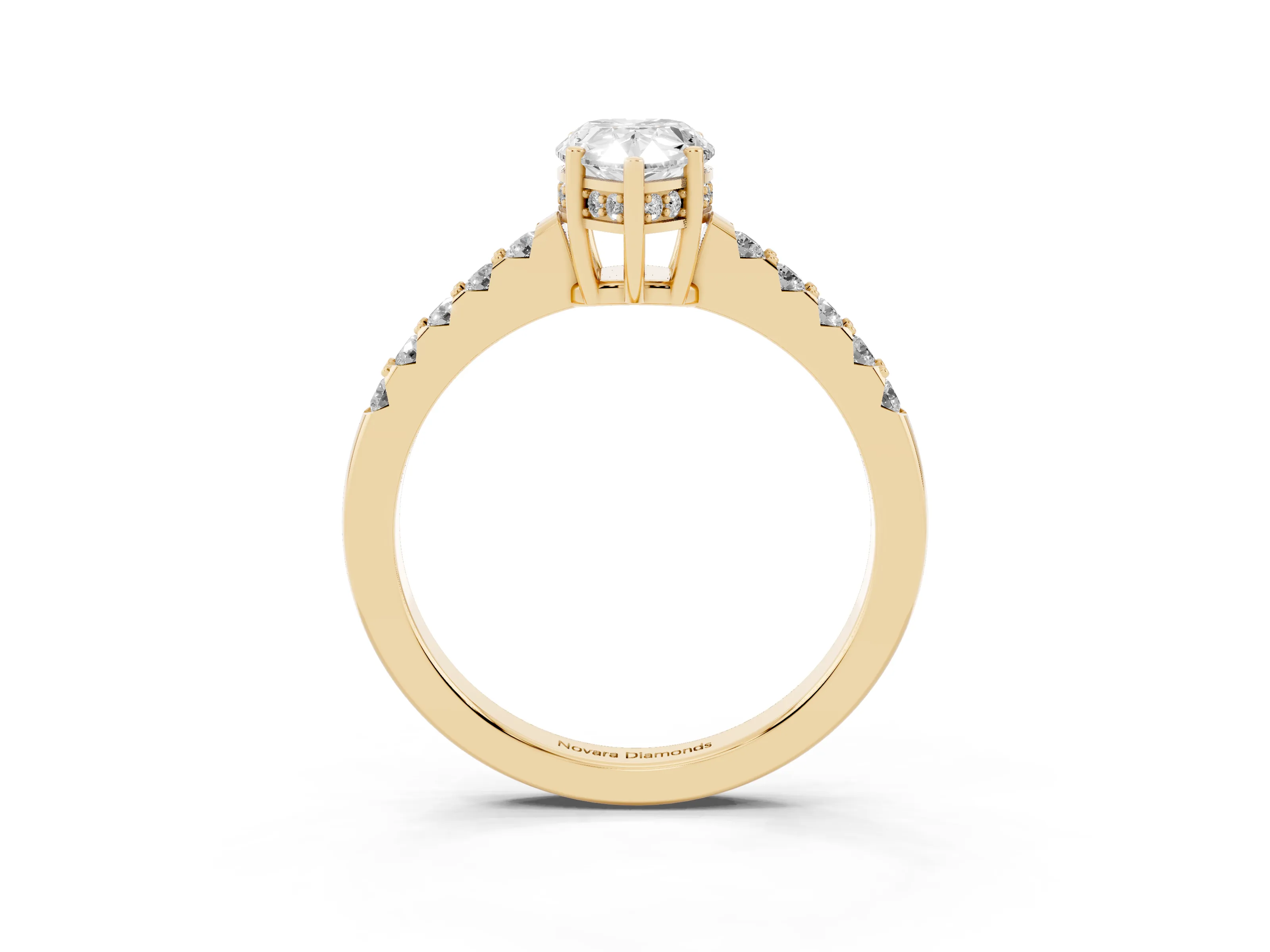 Pear Cut Diamond Solitaire Engagement Ring Set in Yellow gold with Pavé Band and Prong Setting