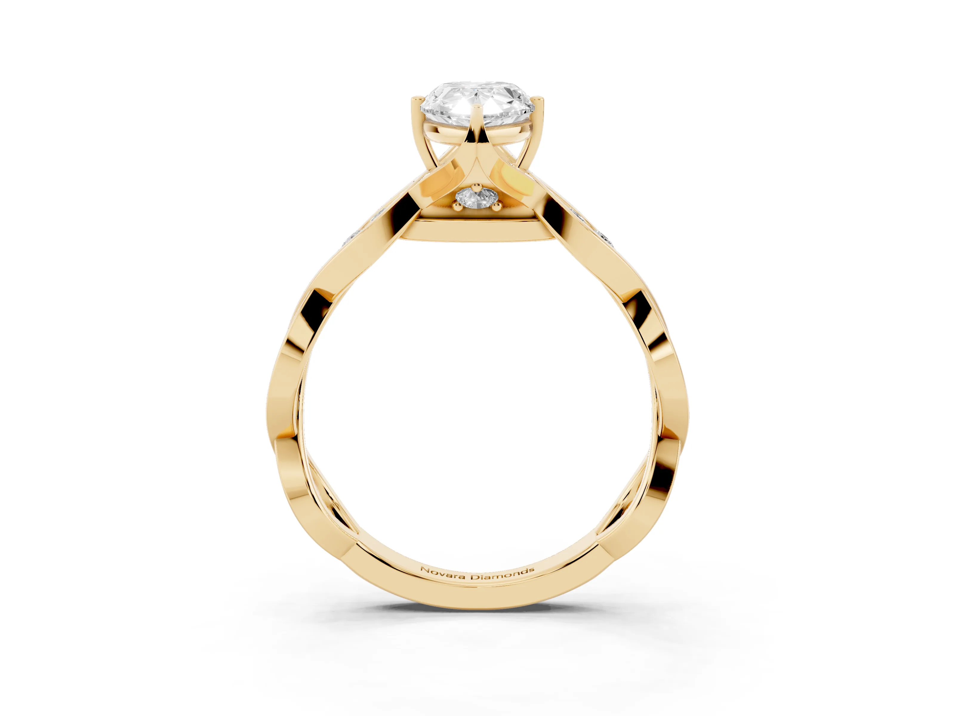 Pear Cut Diamond Twist Band Solitaire Ring Set in Yellow gold with Leaf Prong Setting and Accent Stones