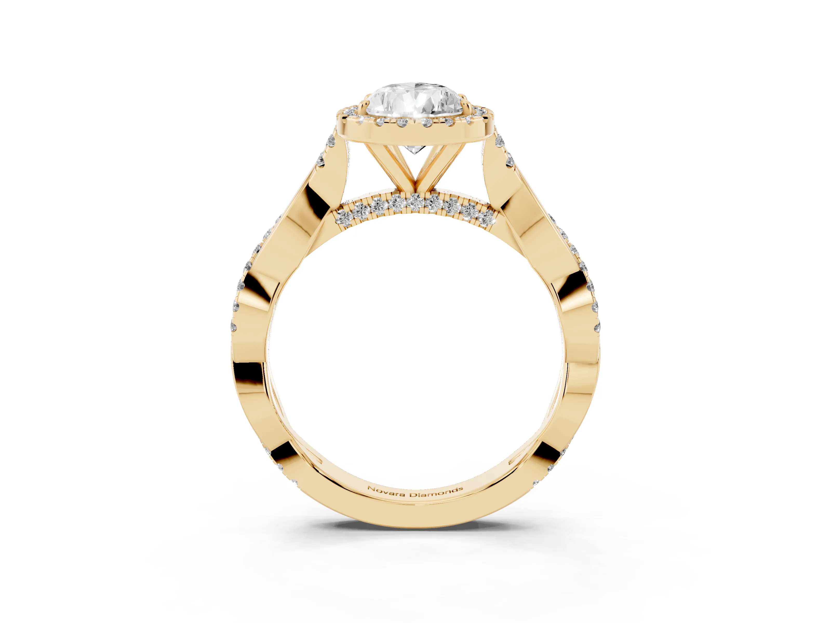 Pear Cut Diamond Halo Twist Band Solitaire Ring Set in Yellow gold with Prong Setting