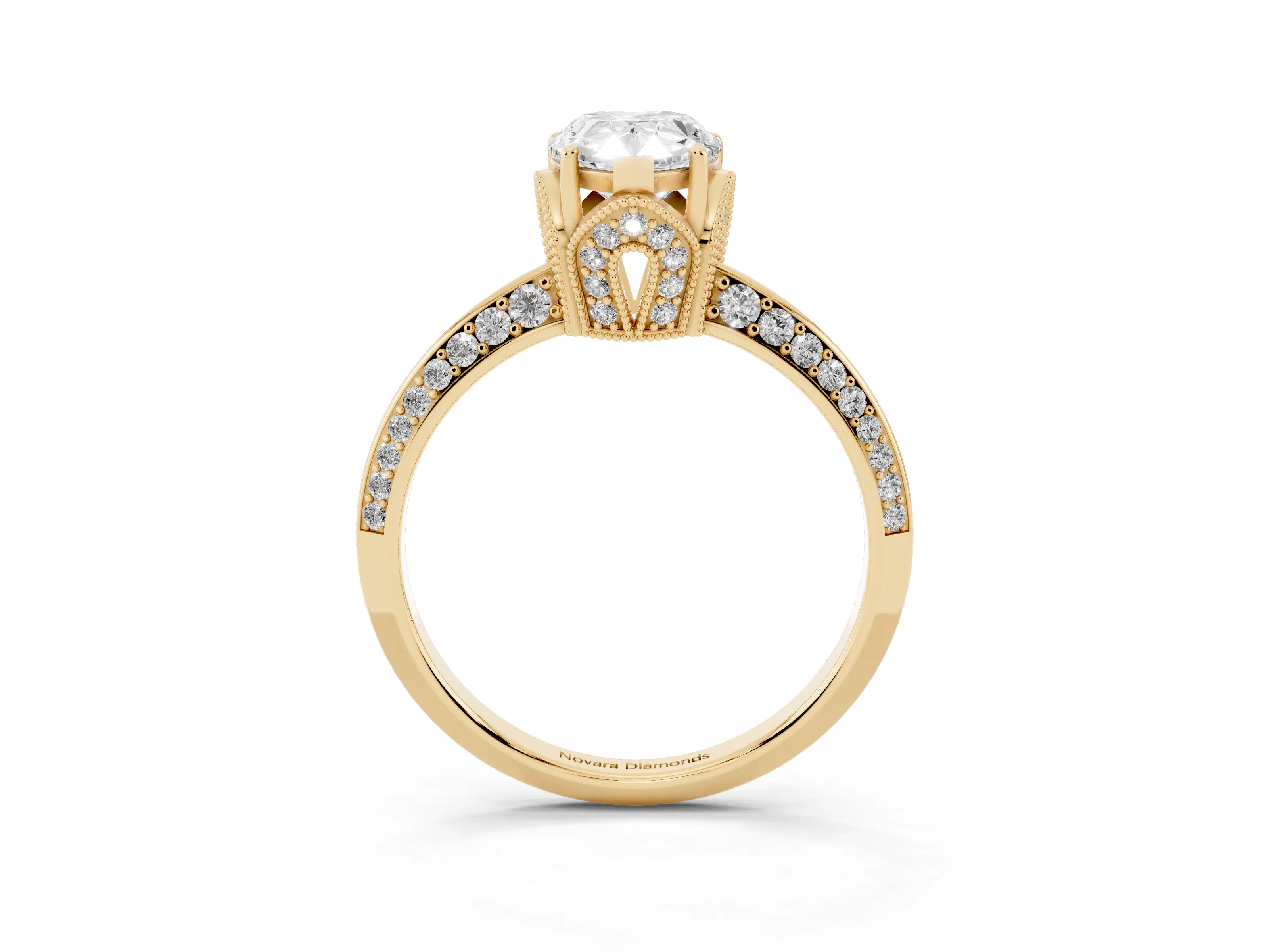 Pear Cut Diamond Solitaire Engagement Ring Set in Yellow gold with Pavé Split Shank and Prong Setting
