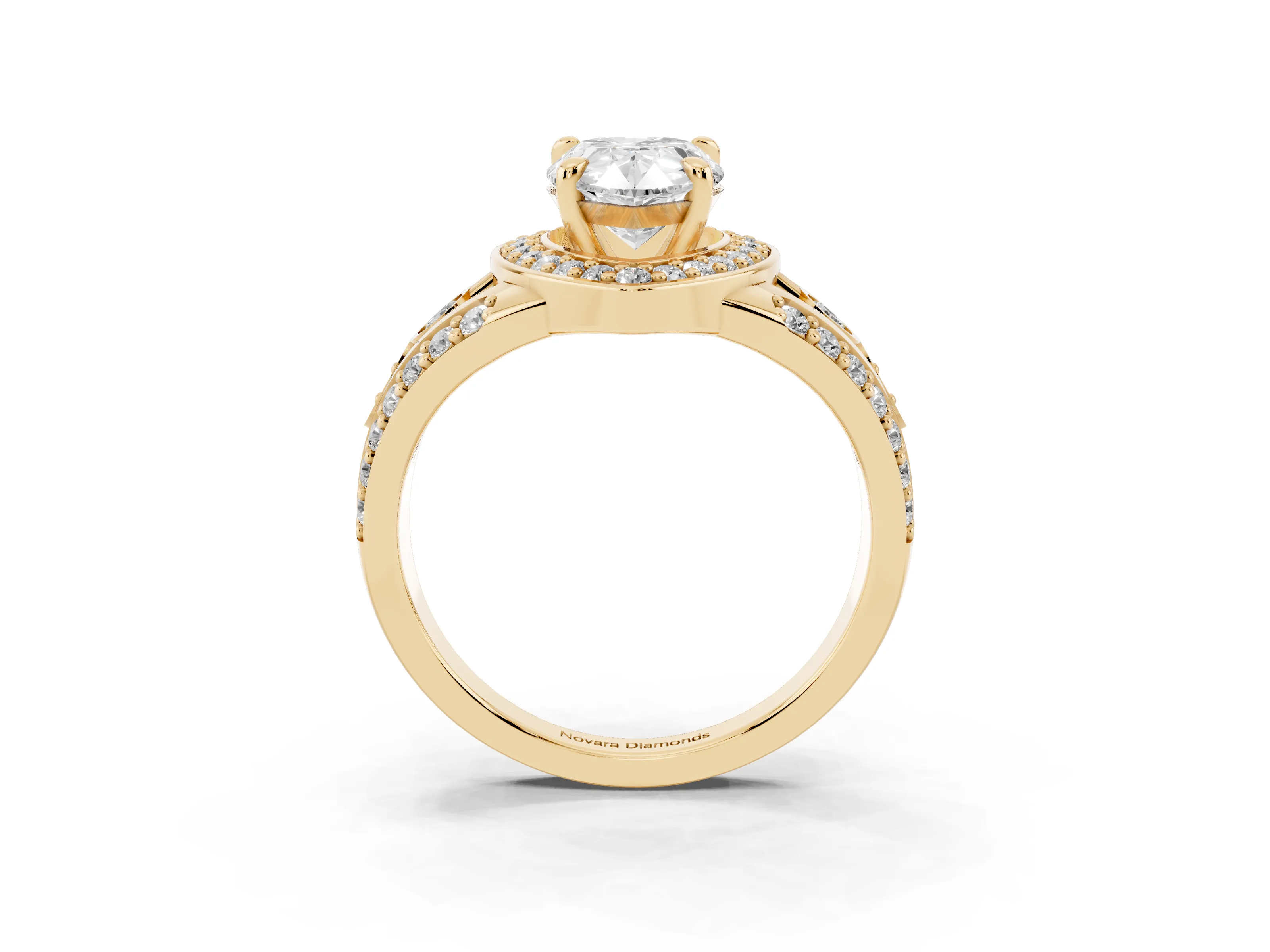 Pear Cut Diamond Halo Ring Set in Yellow gold with Pavé Split Shank and Bezel Accents