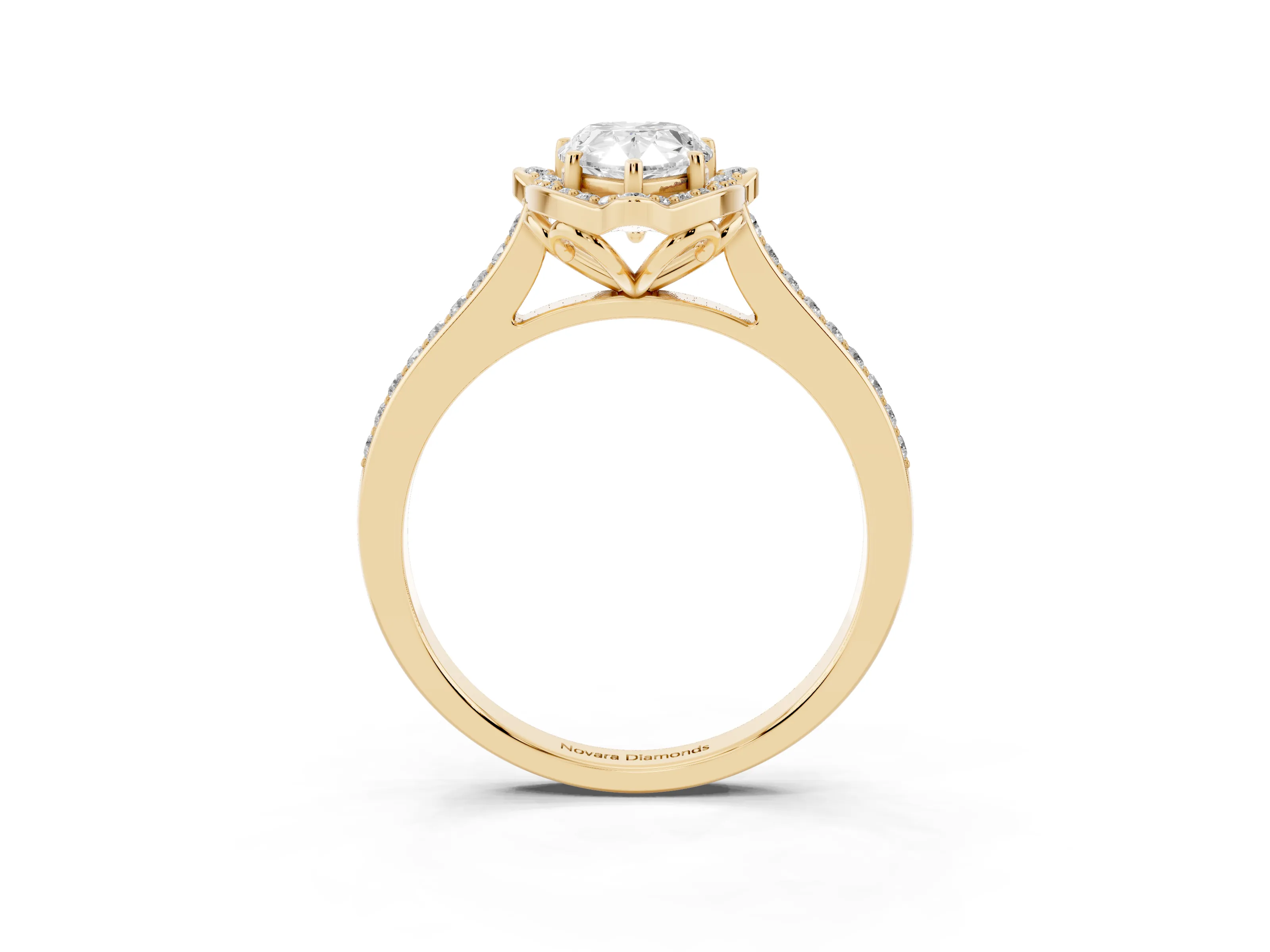 Pear Cut Diamond Halo Ring Set in Yellow gold with Pavé-Lined Shoulders and Prong Setting