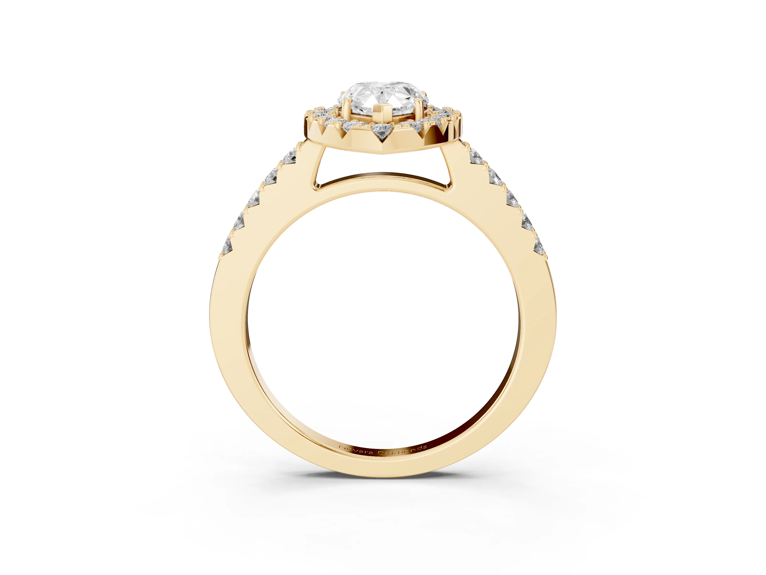 Pear Cut Diamond Halo Pavé Solitaire Ring Set in Yellow gold with Prong-Set Center Stone