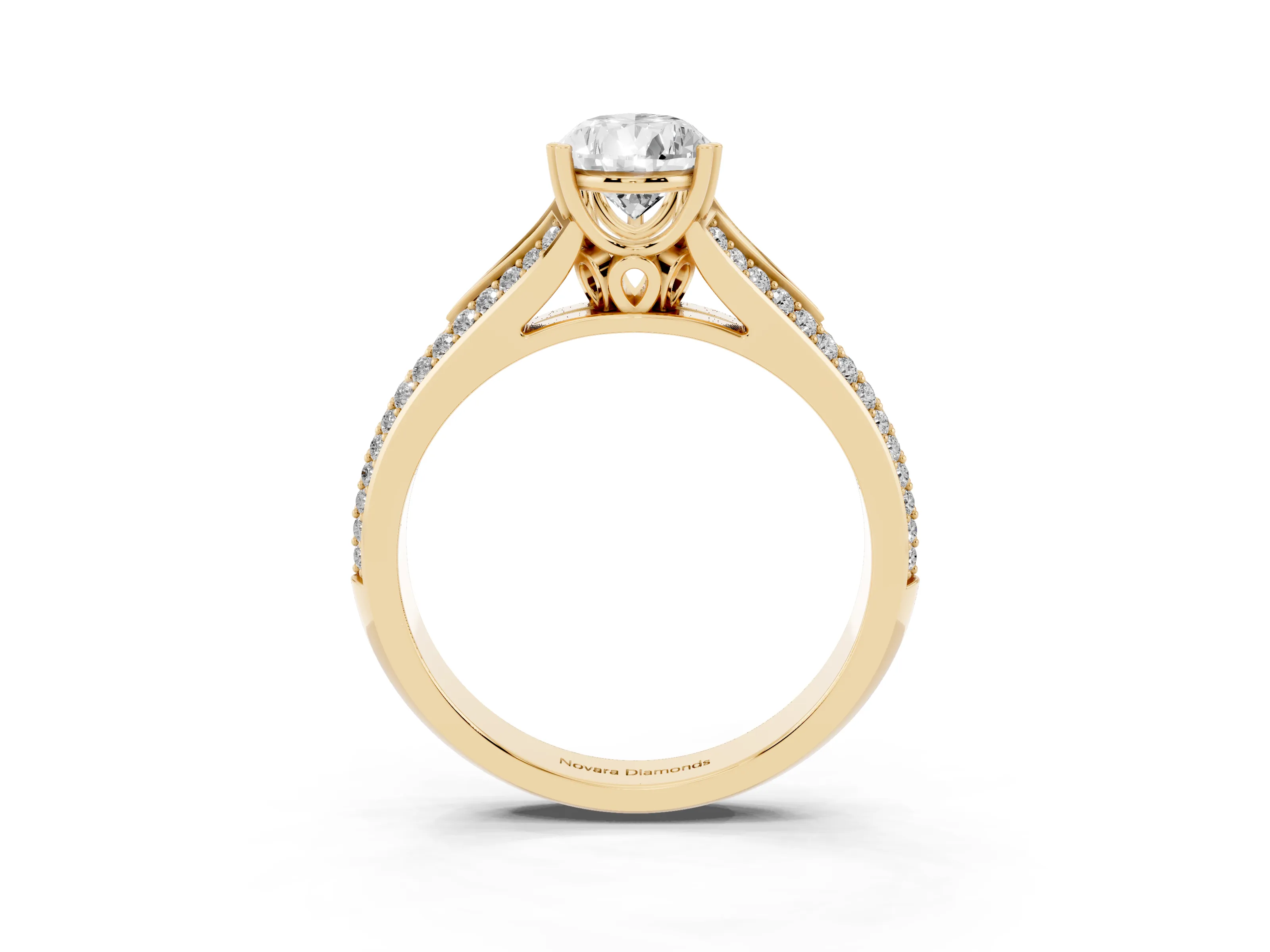 Pear Cut Diamond Split Shank Pavé Engagement Ring Set in Yellow gold with Prong-Set Center Stone