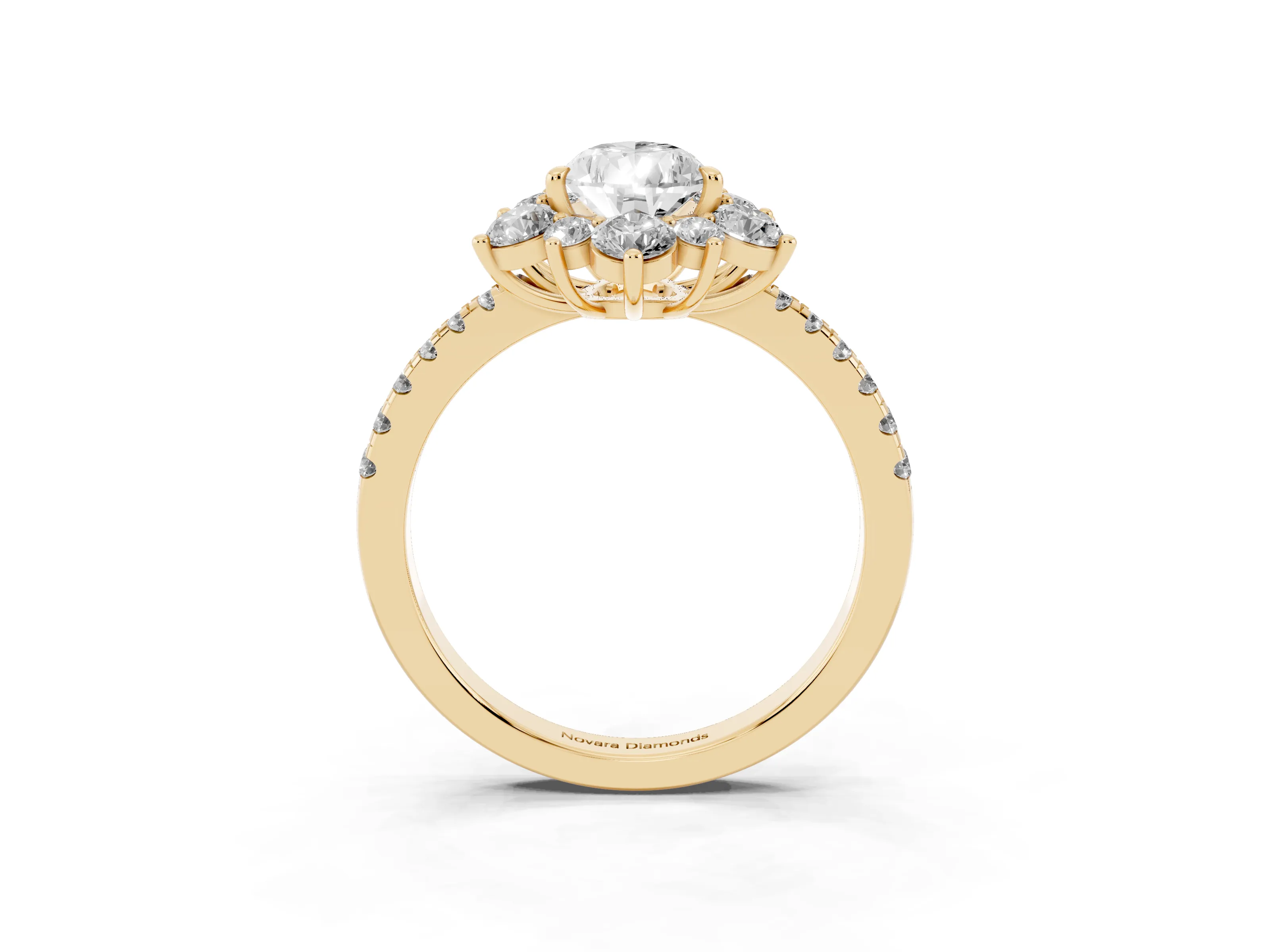 Pear Cut Diamond Floral Halo Ring Set in Yellow gold with Round Pavé Band and Prong Setting
