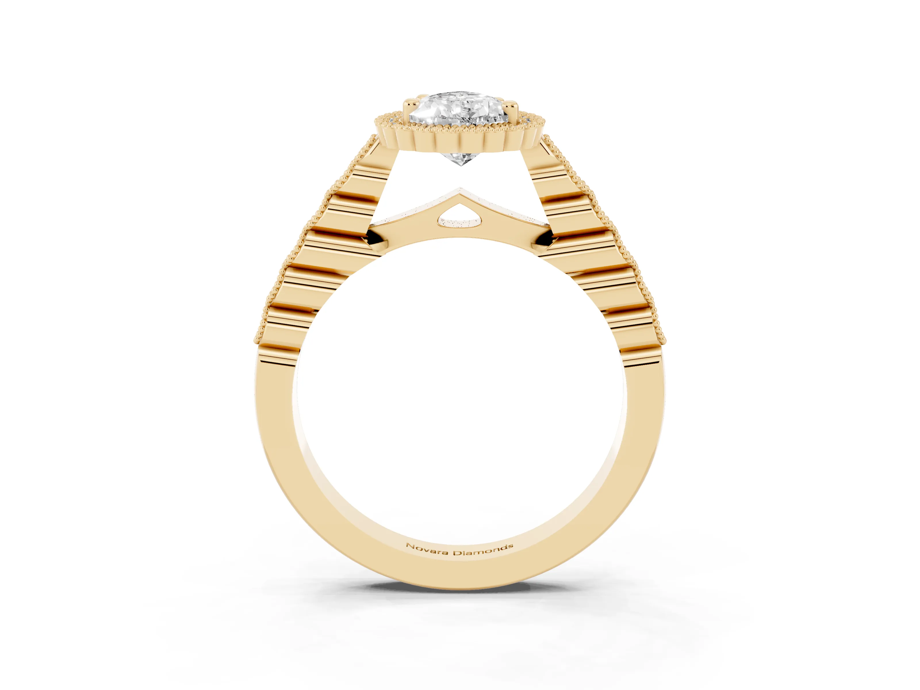 Pear Cut Diamond Halo Ring Set in Yellow gold with Pavé Milgrain Band