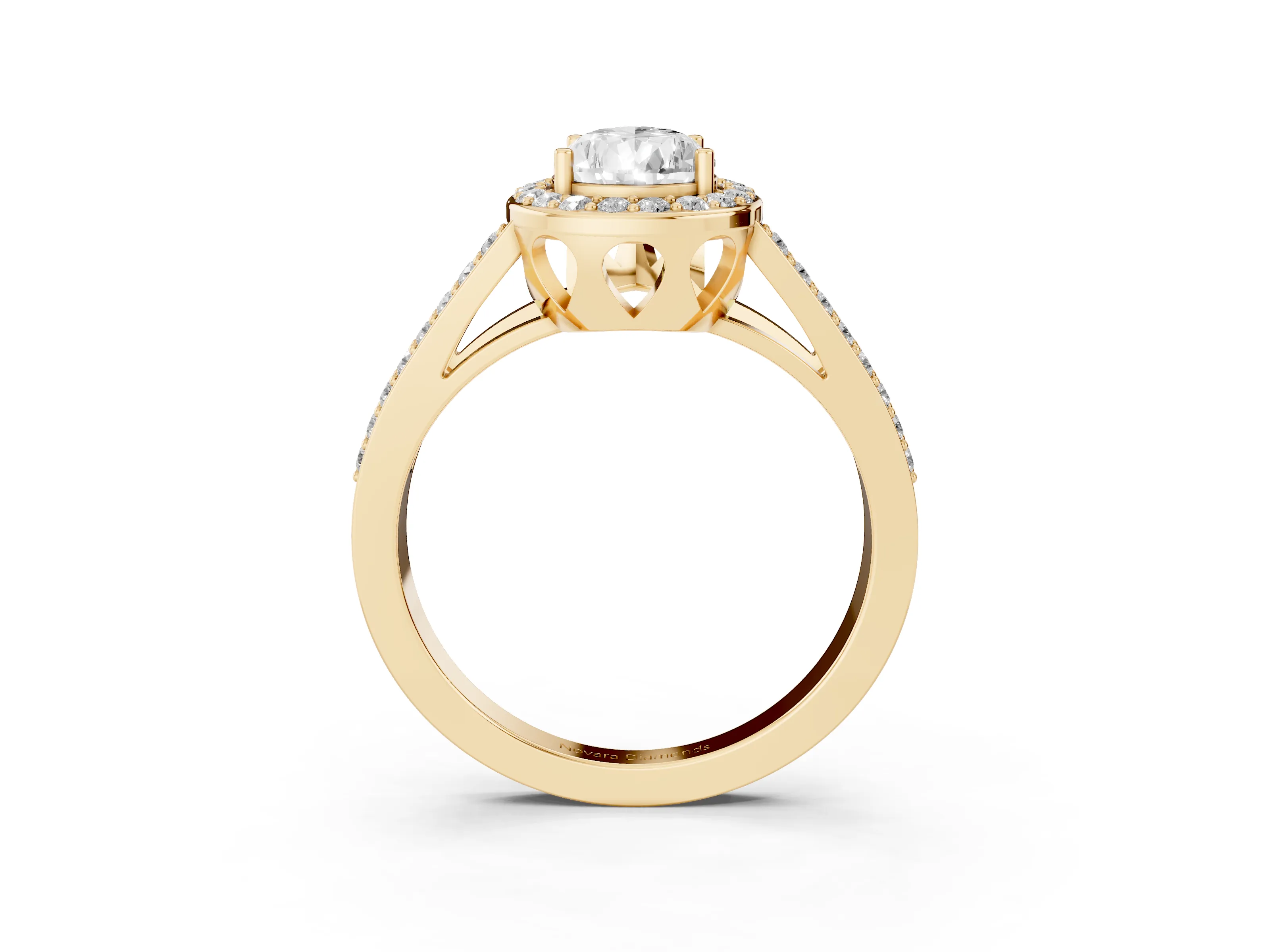Pear Cut Diamond Halo Ring Set in Yellow gold with U-Prong Split Shank and Prong Setting