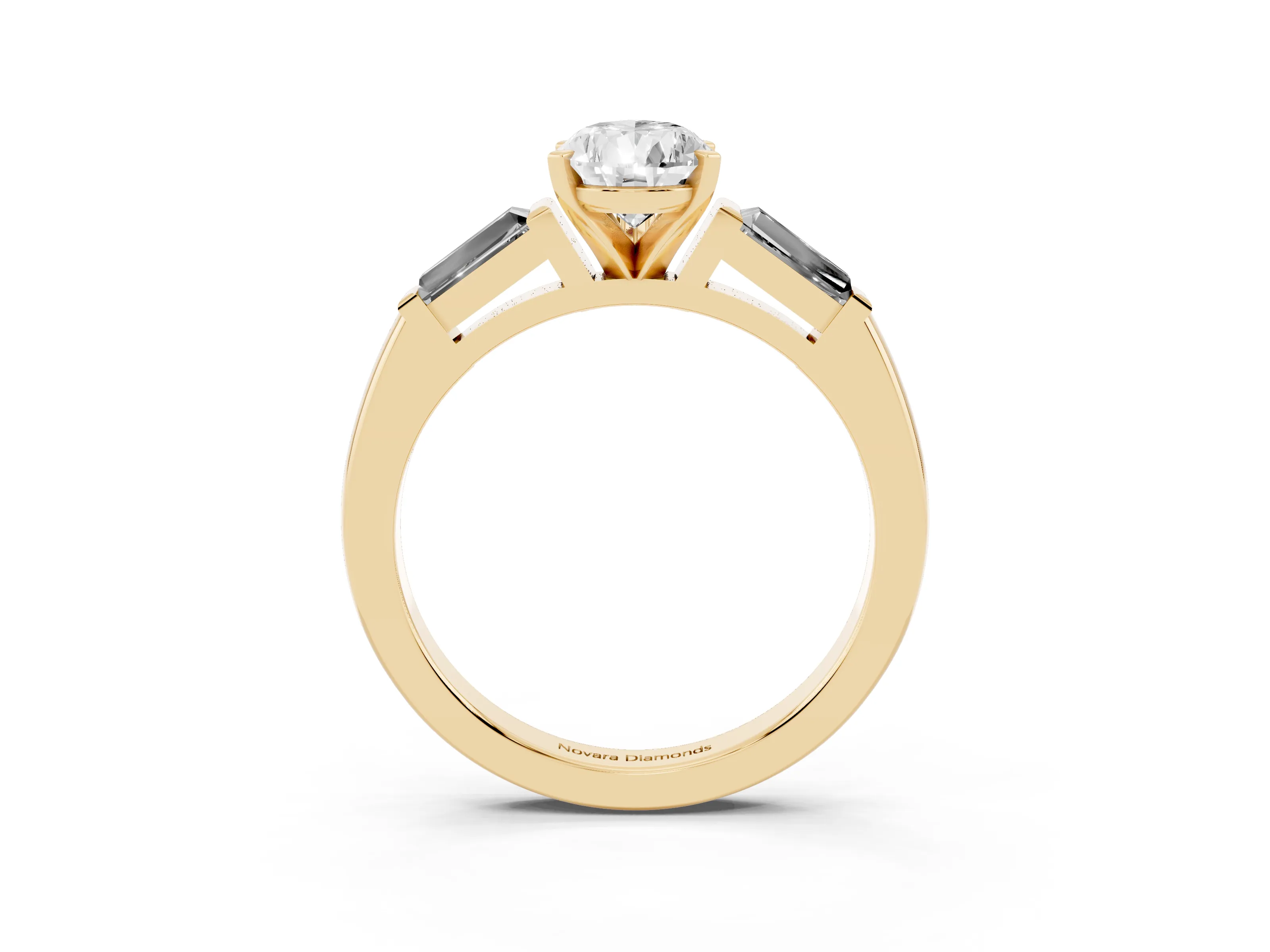 Pear Cut Diamond Solitaire Ring Set in Yellow gold with Tapered Baguette Side Stones and Prong Setting