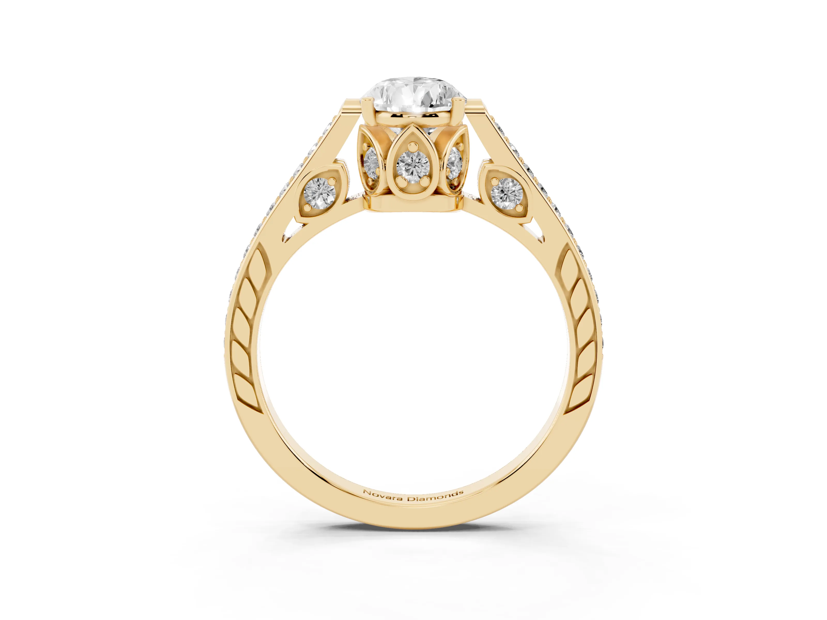 Pear Cut Diamond Cathedral Pavé Engagement Ring Set in Yellow gold with Prong Setting