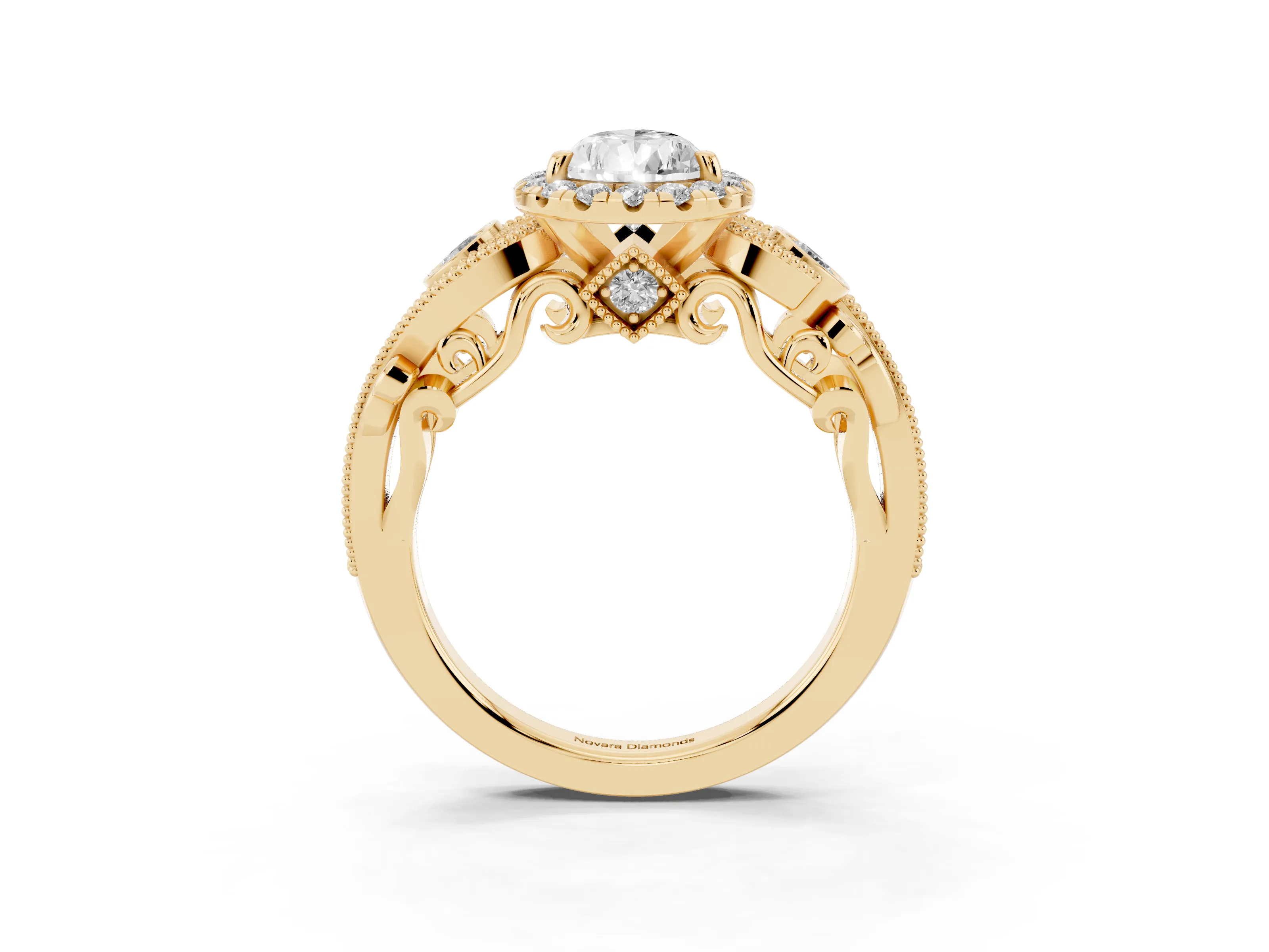 Pear Cut Diamond Halo Ring Set in Yellow gold with Milgrain Pavé Band and Prong Setting