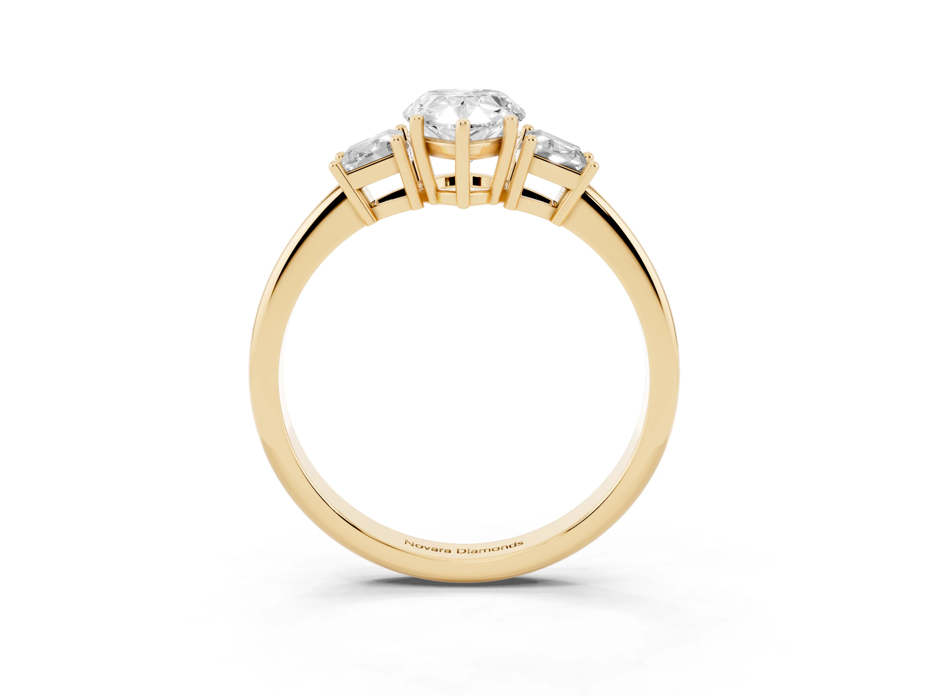 Pear Cut Diamond Three-Stone Ring Set in Yellow gold with Trapezoid Side Stones and Prong Setting