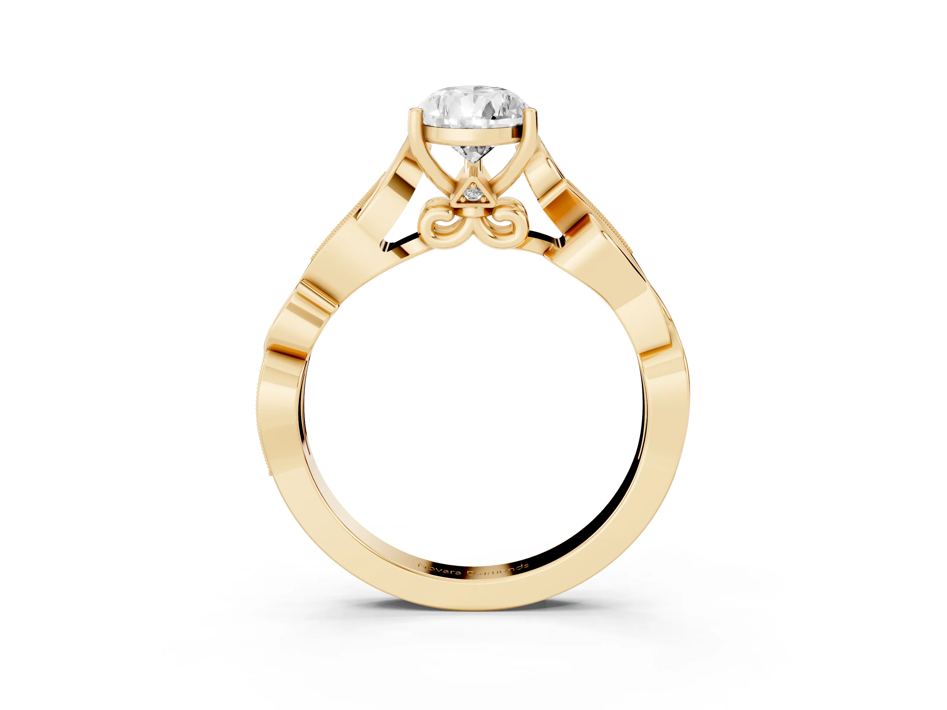 Pear Cut Diamond Vine Band Solitaire Ring Set in Yellow gold with Milgrain Prong Setting