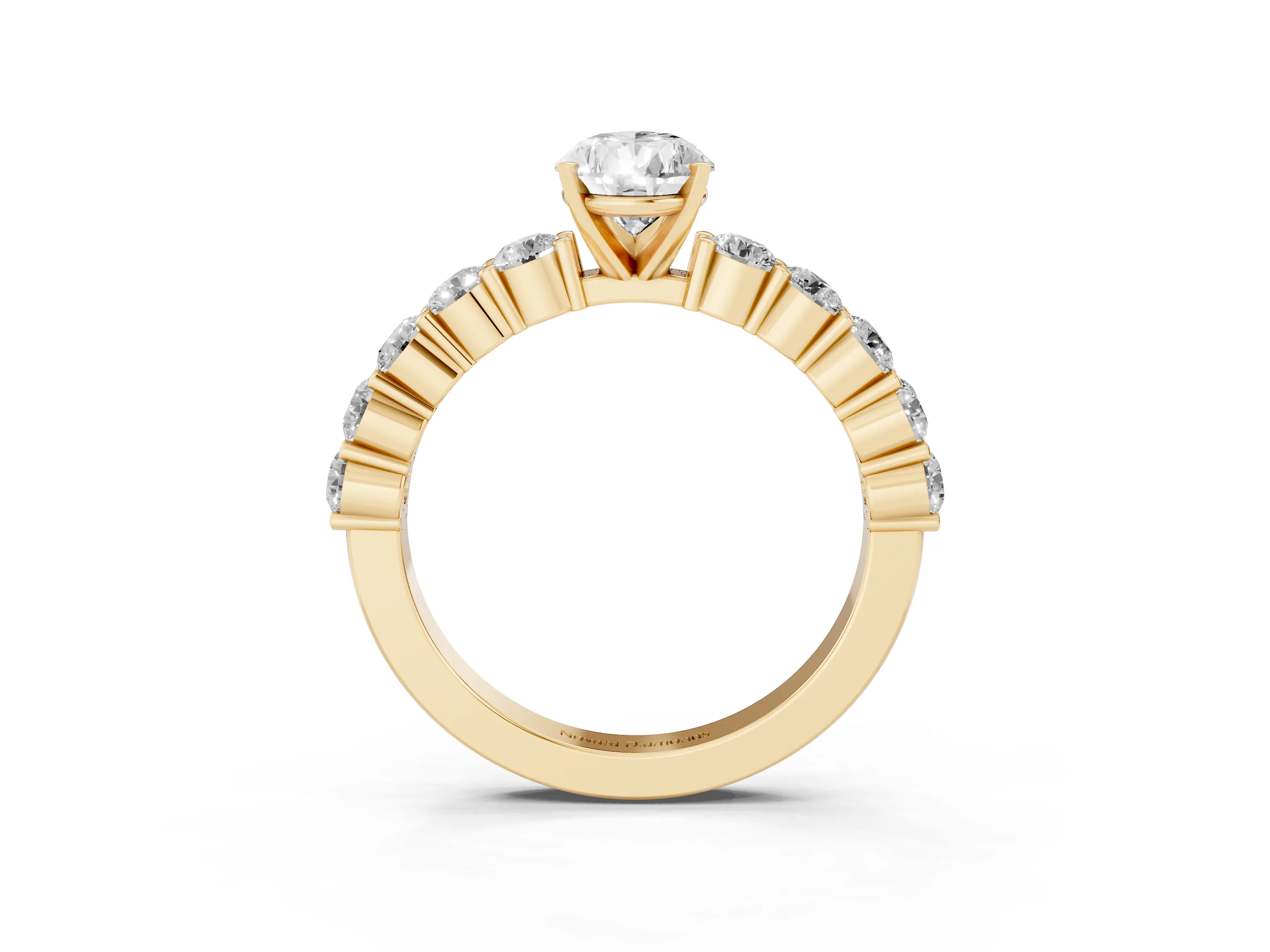 Pear Cut Diamond Solitaire Ring Set in Yellow gold with Shared Prong Round Side Stones