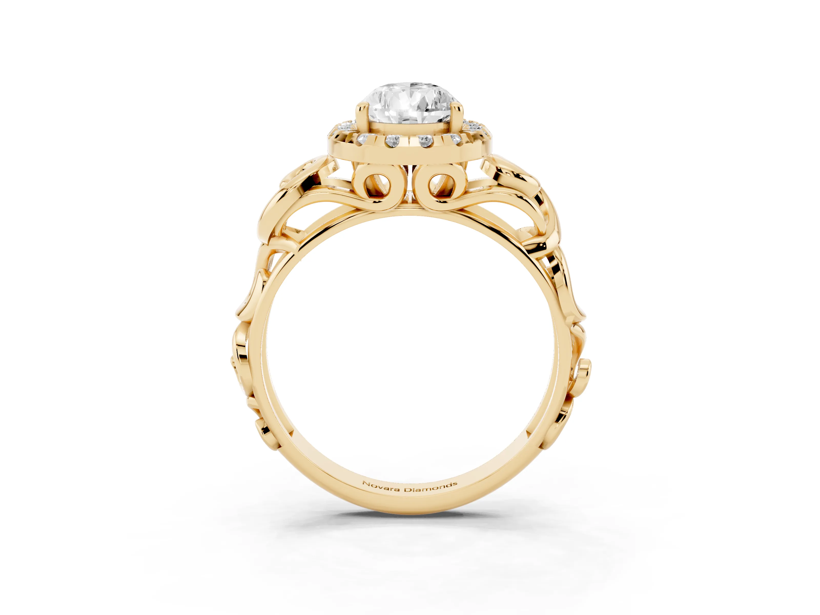 Pear Cut Diamond Halo Ring Set in Yellow gold with Scrollwork Band and Prong Setting