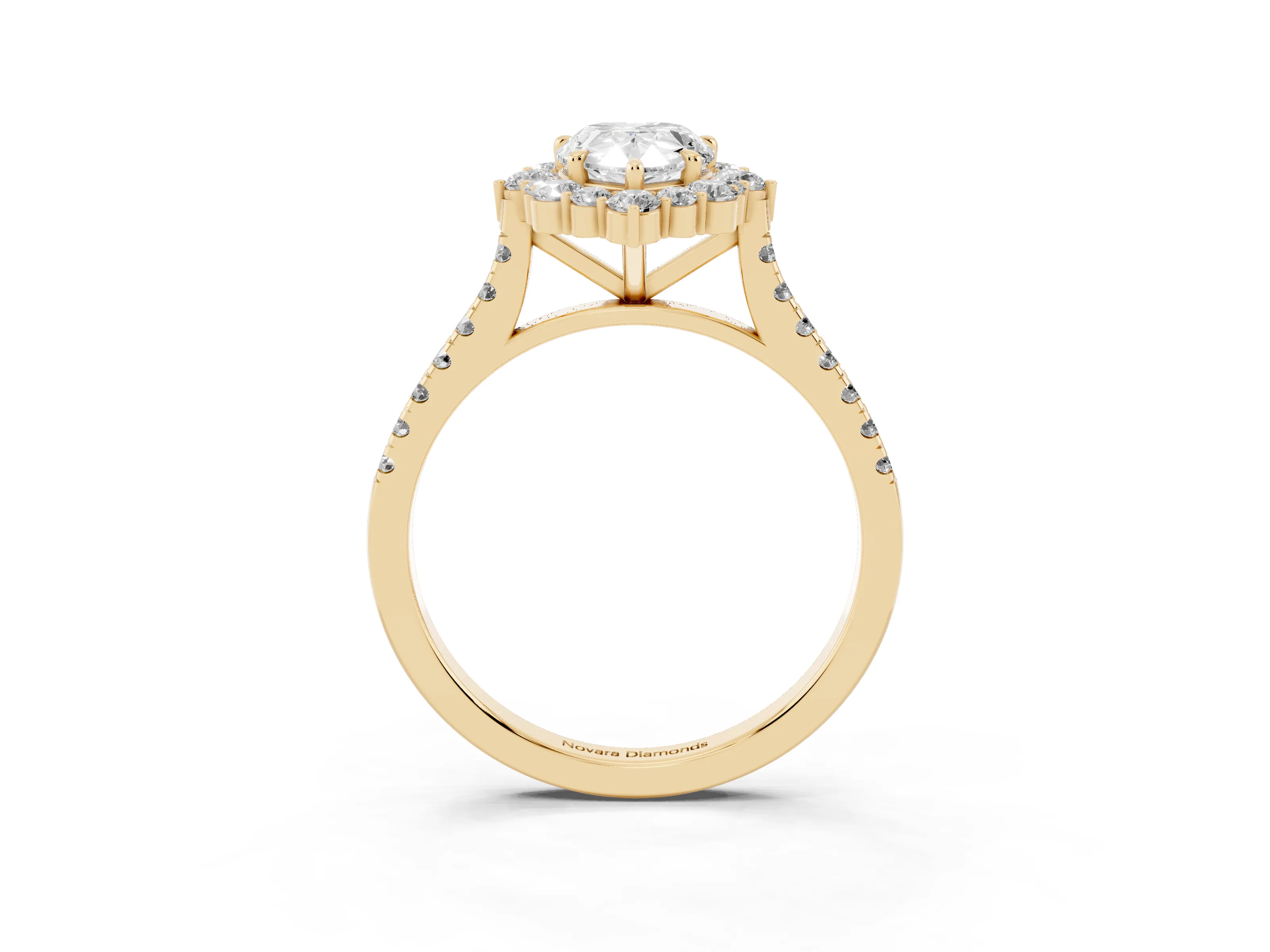 Pear Cut Diamond Halo Ring Set in Yellow gold with Pavé Band and Prong Setting
