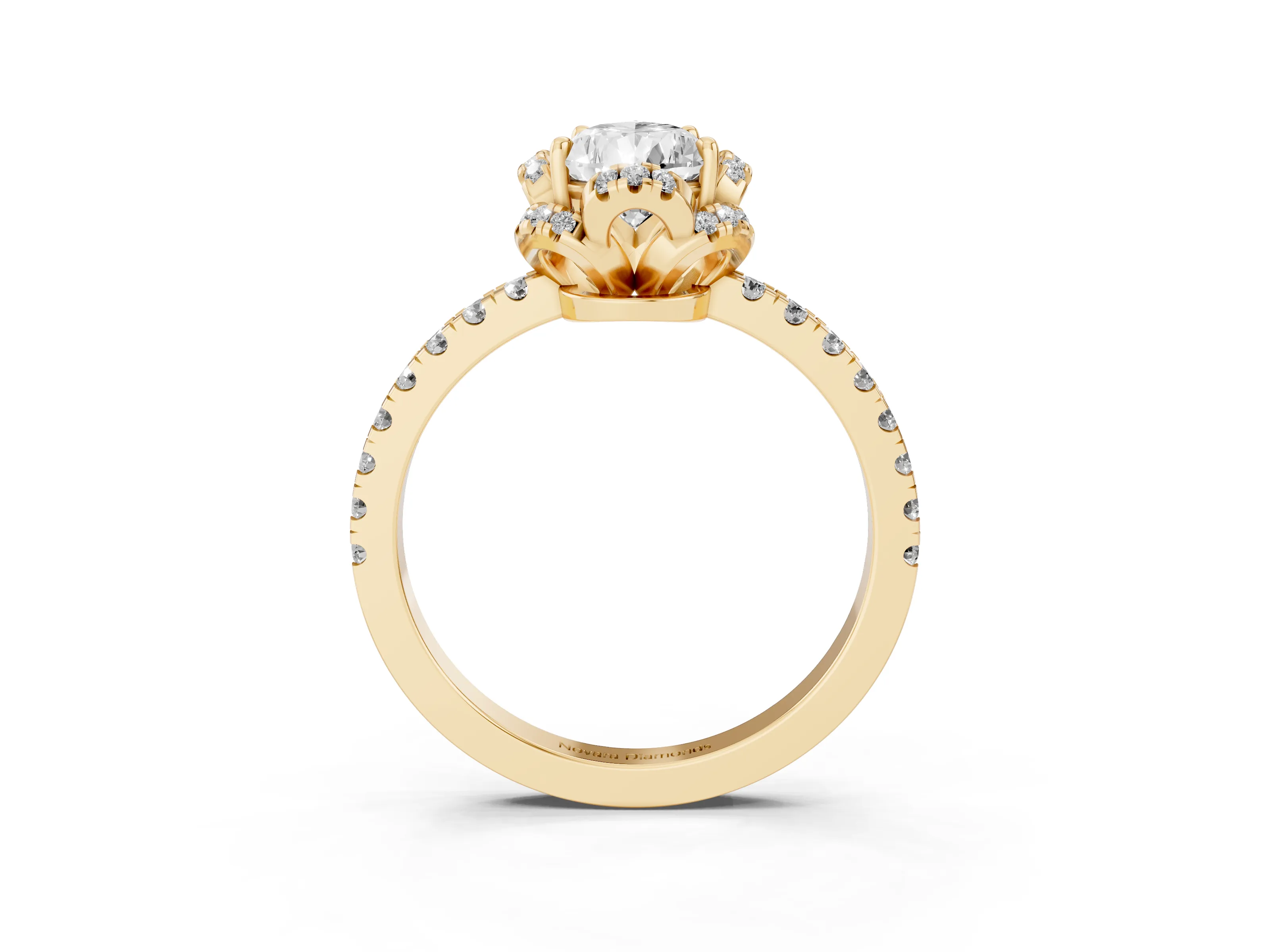 Pear Cut Diamond Halo Pavé Band Ring Set in Yellow gold with Prong-Held Center