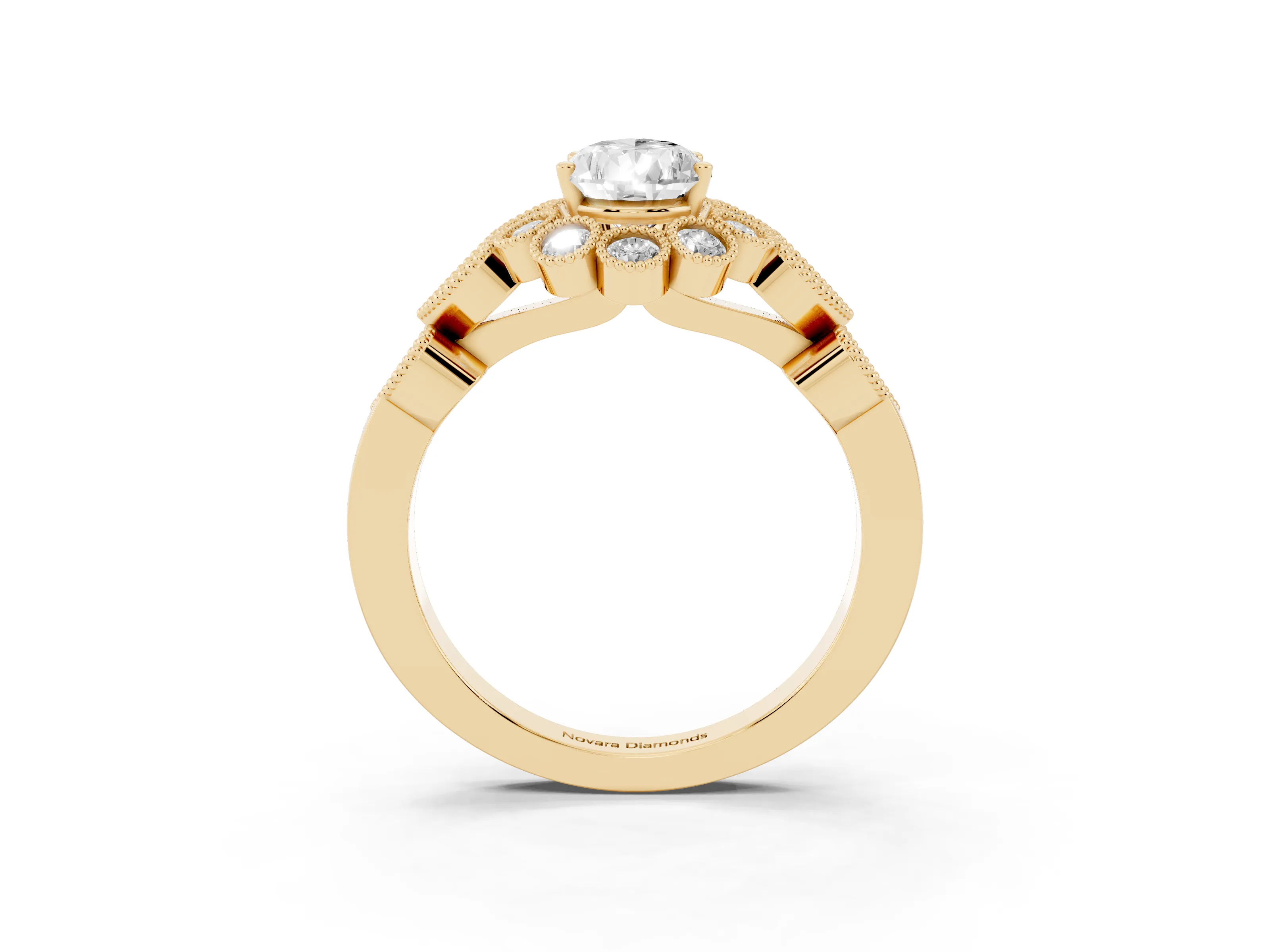 Pear Cut Diamond Solitaire Ring Set in Yellow gold with Milgrain Pavé Heart Band