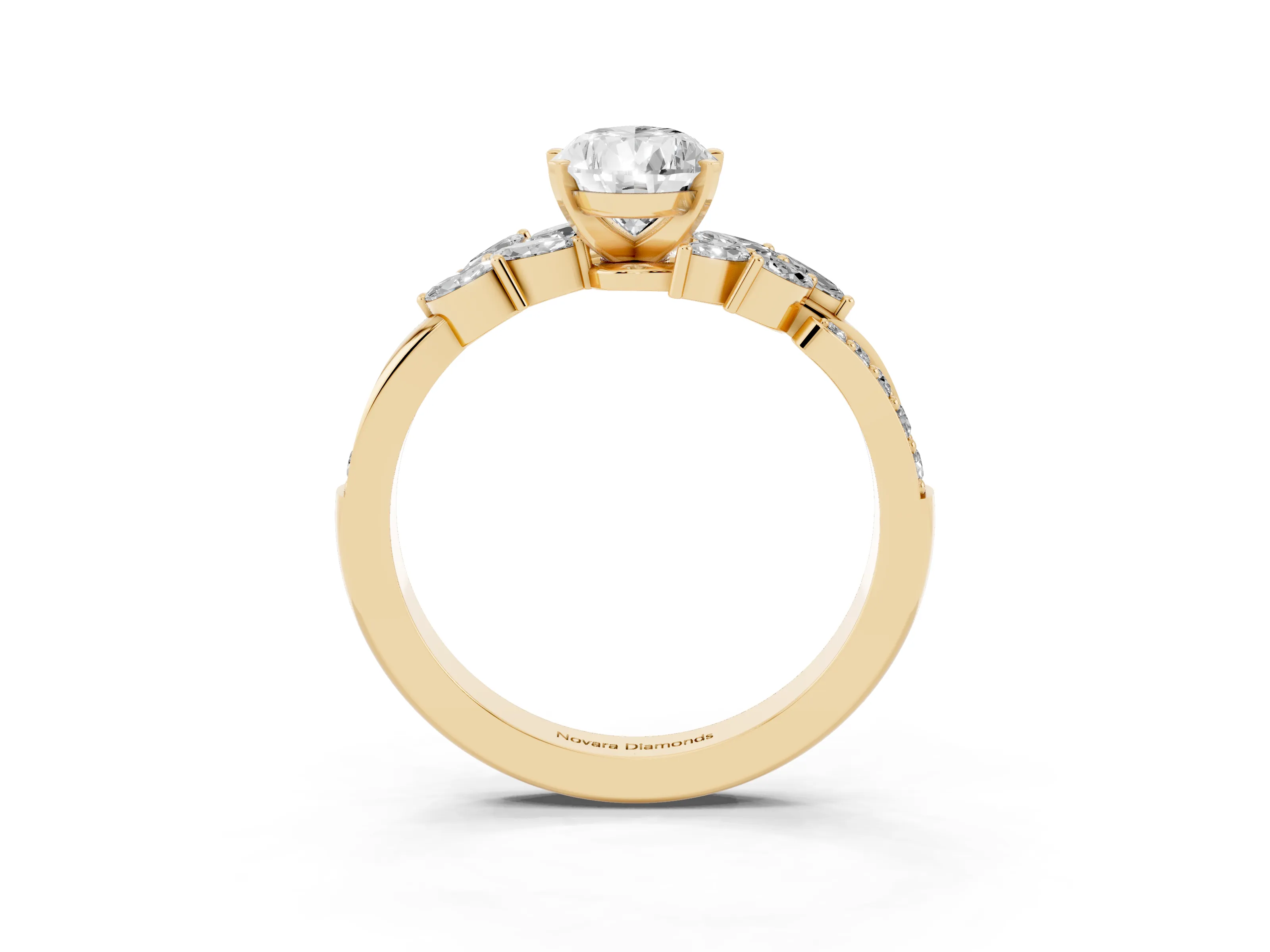 Pear Cut Diamond Solitaire Ring Set in Yellow gold with Marquise Twist Band and Prong Setting