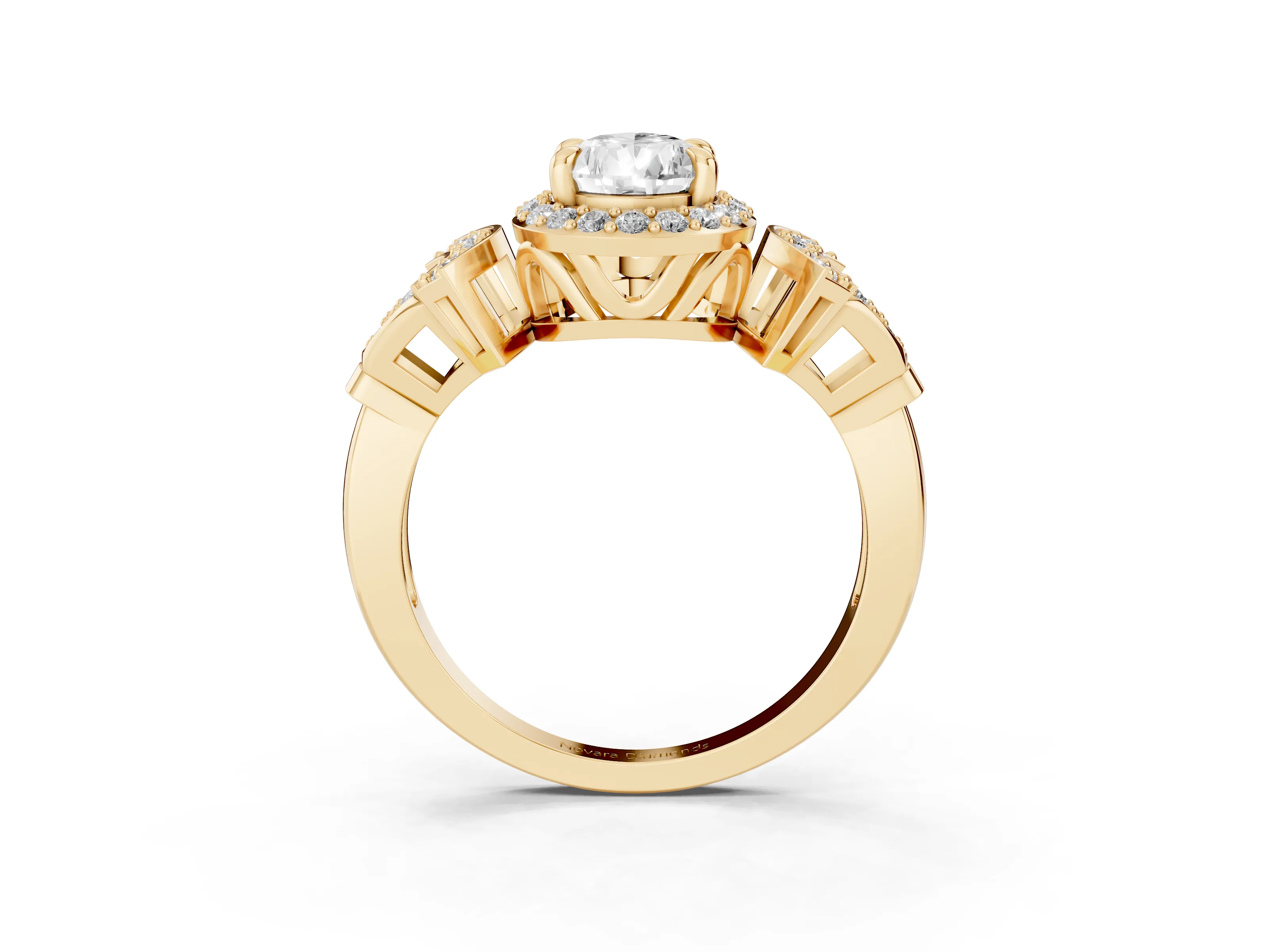 Pear Cut Diamond Halo Engagement Ring Set in Yellow gold with Accent Stone Split Shank