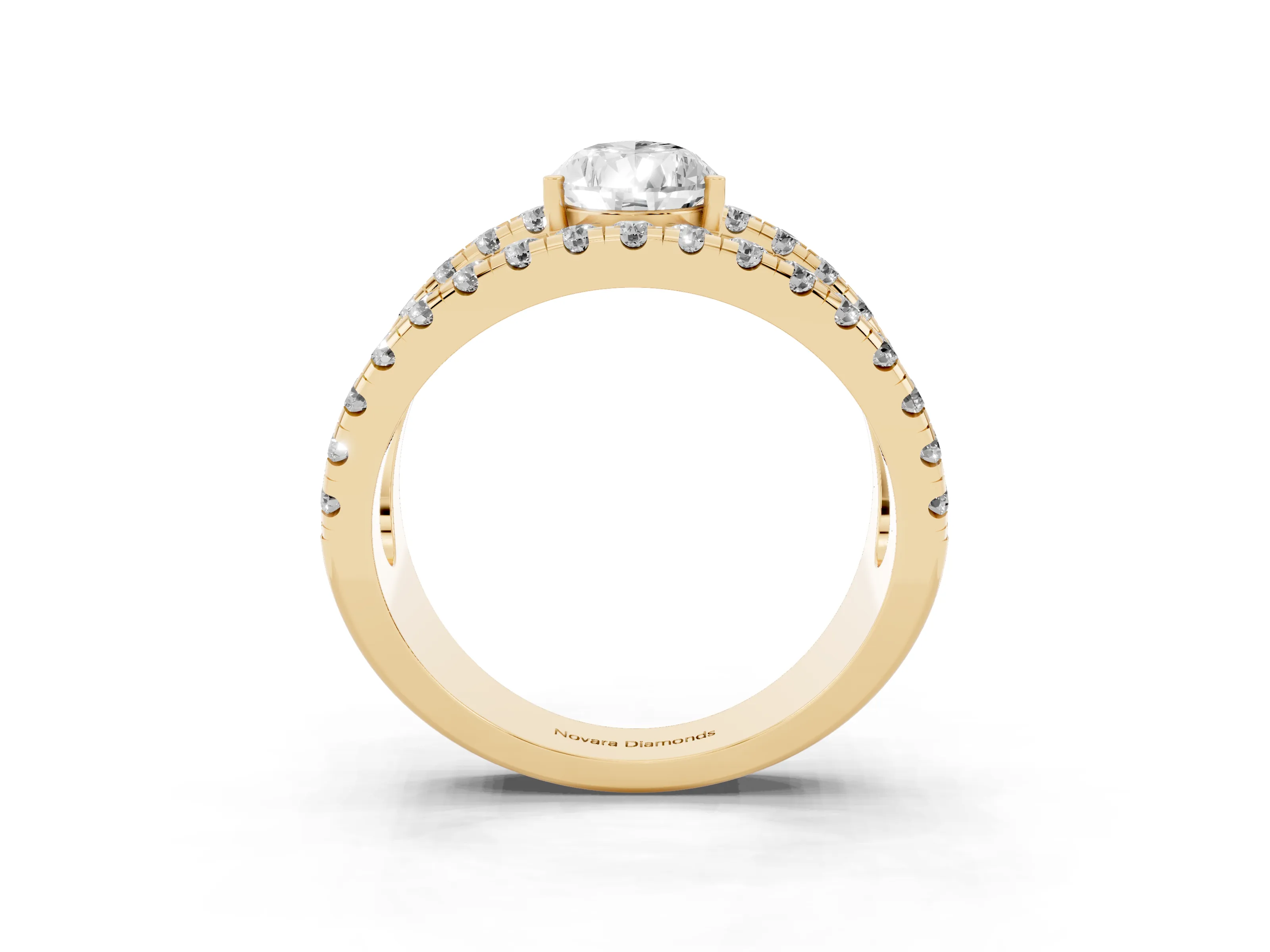 Pear Cut Diamond Split Shank Pavé Solitaire Ring Set in Yellow gold with Open Shank Design