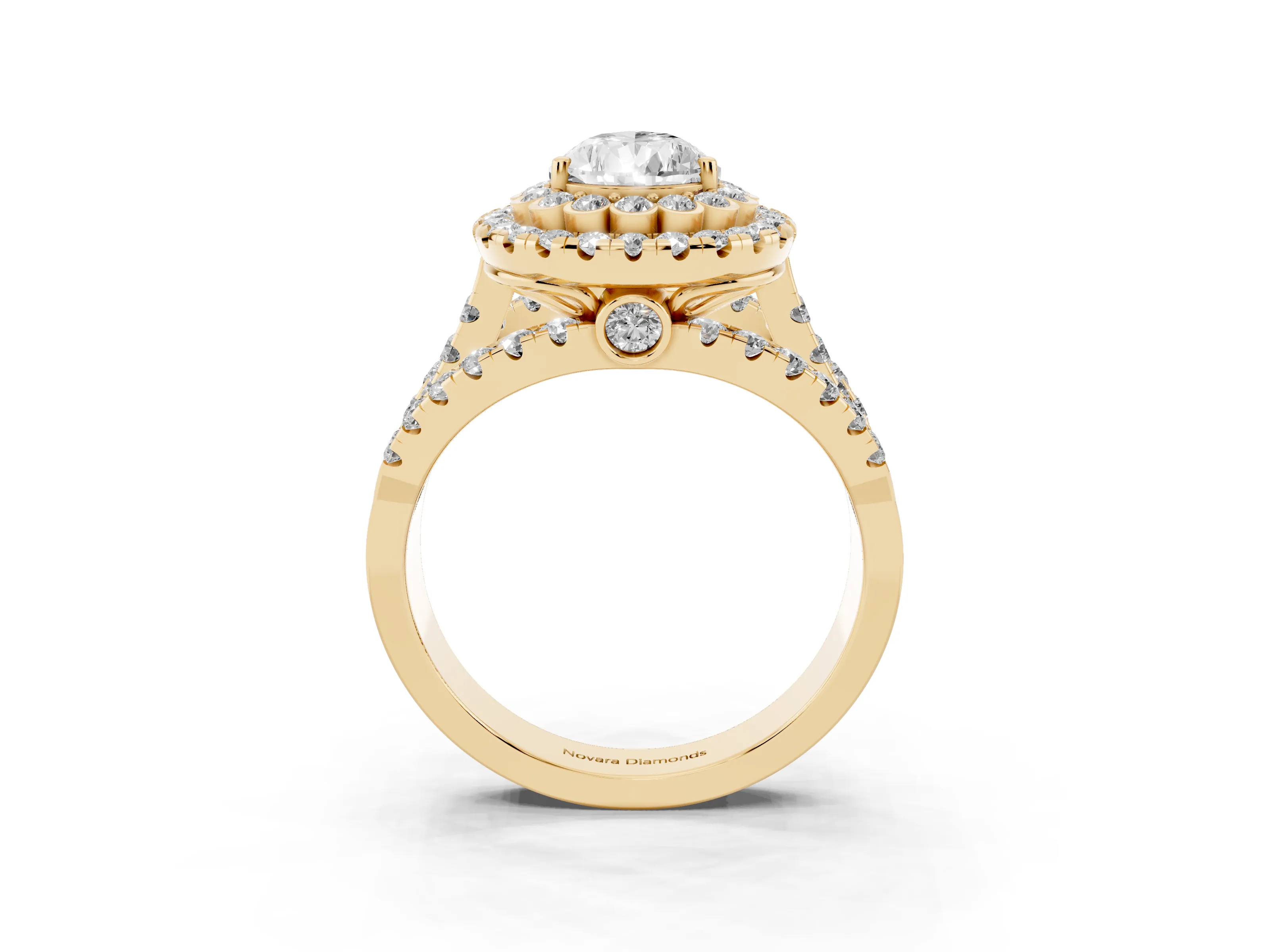 Pear Cut Diamond Double Halo Ring Set in Yellow gold with Round Pavé Split Shank