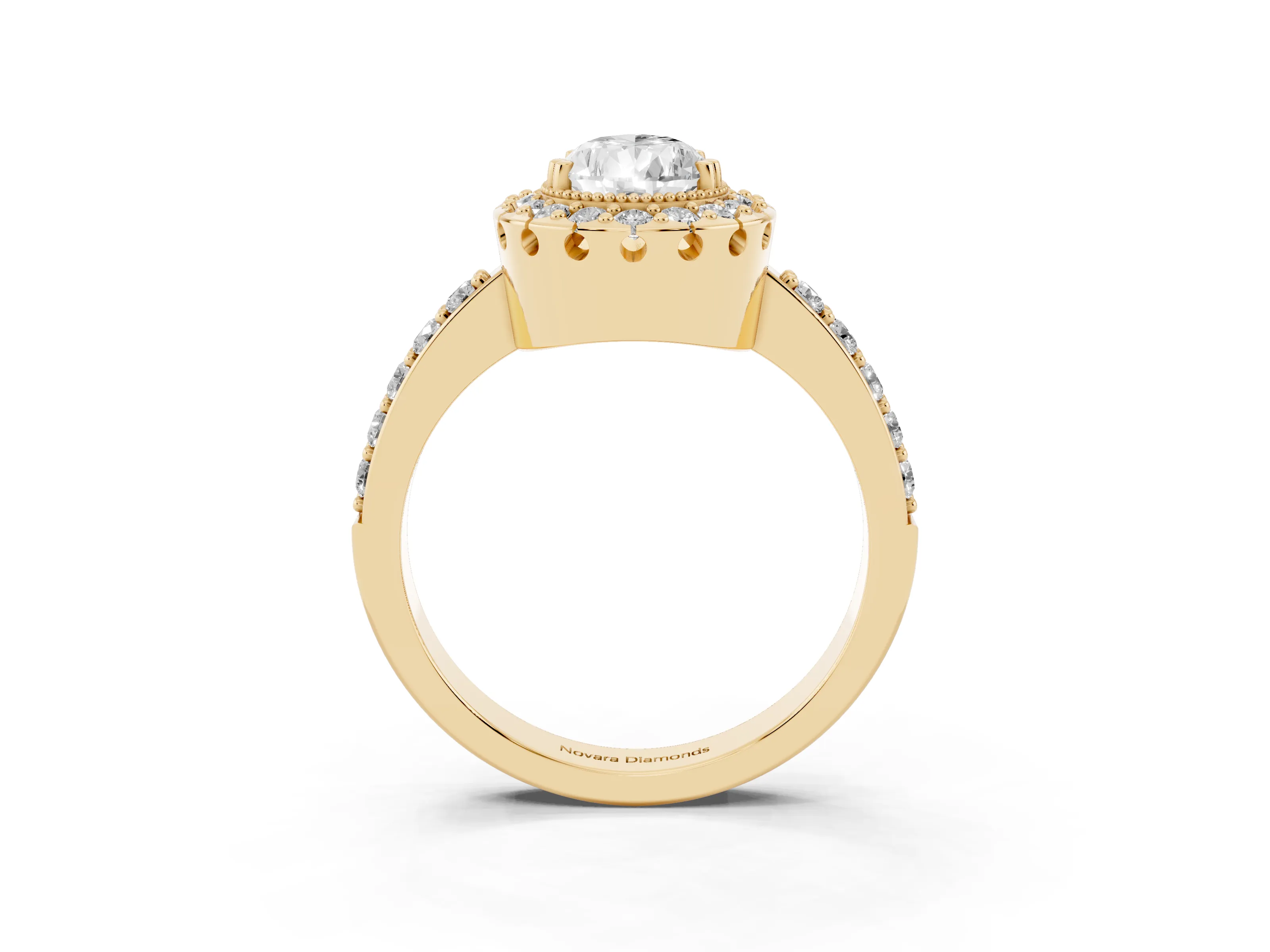 Pear Cut Diamond Halo Ring Set in Yellow gold with Pavé Shank and Prong Setting