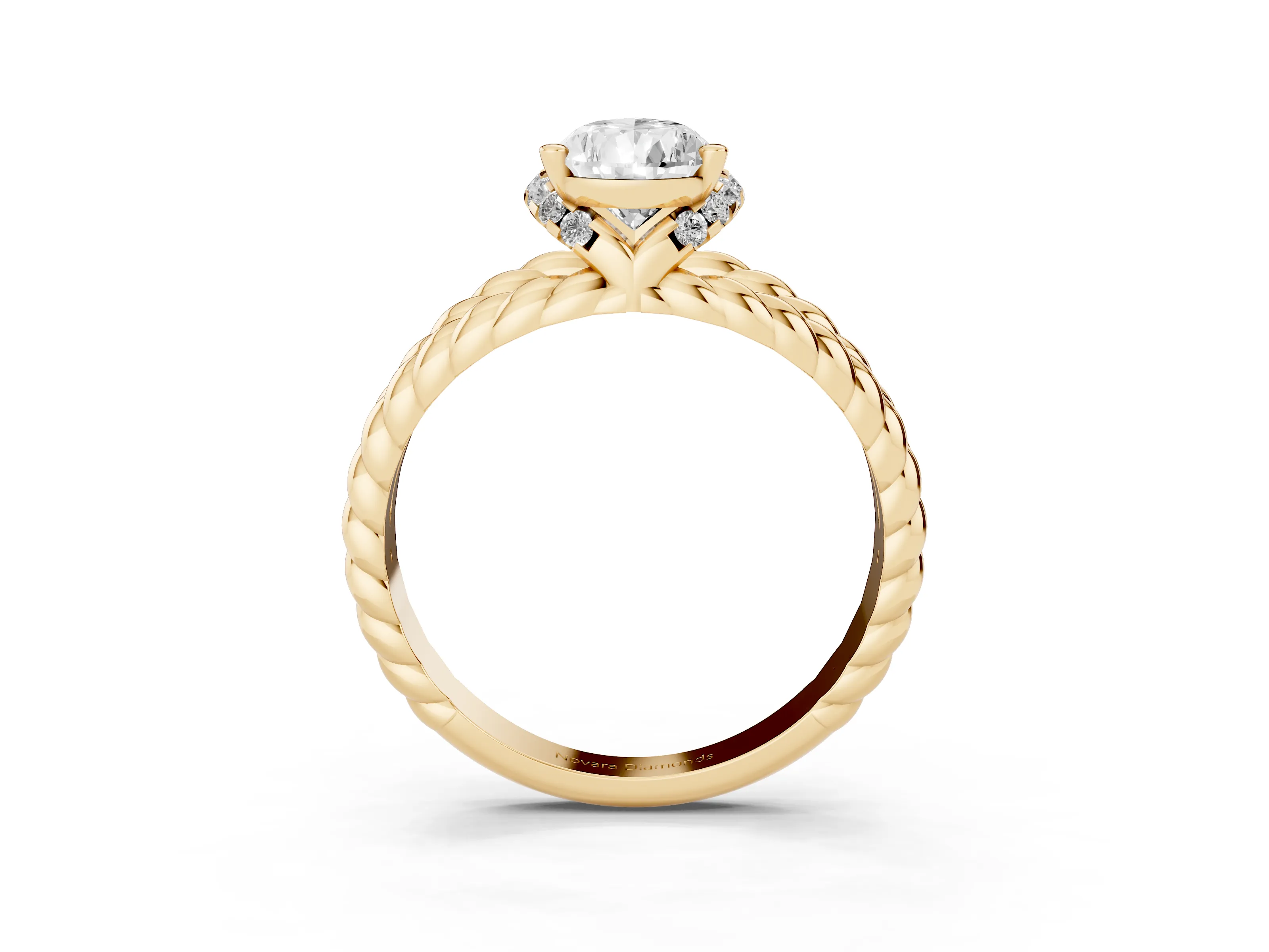 Pear Cut Diamond Halo Ring Set in Yellow gold with Twisted Band and Prong Setting