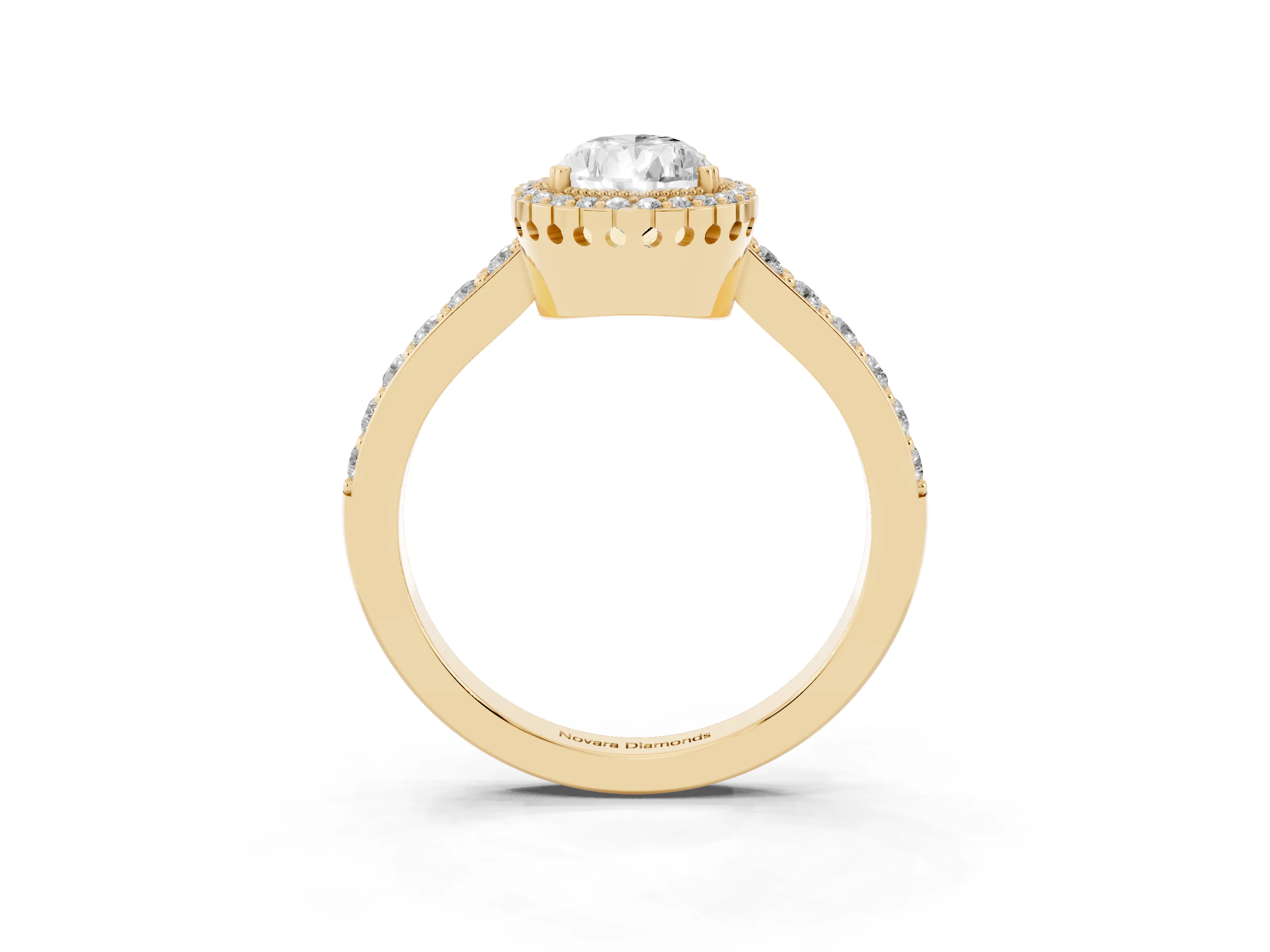 Pear Cut Diamond Halo Engagement Ring Set in Yellow gold with Milgrain Detail and Pavé Band