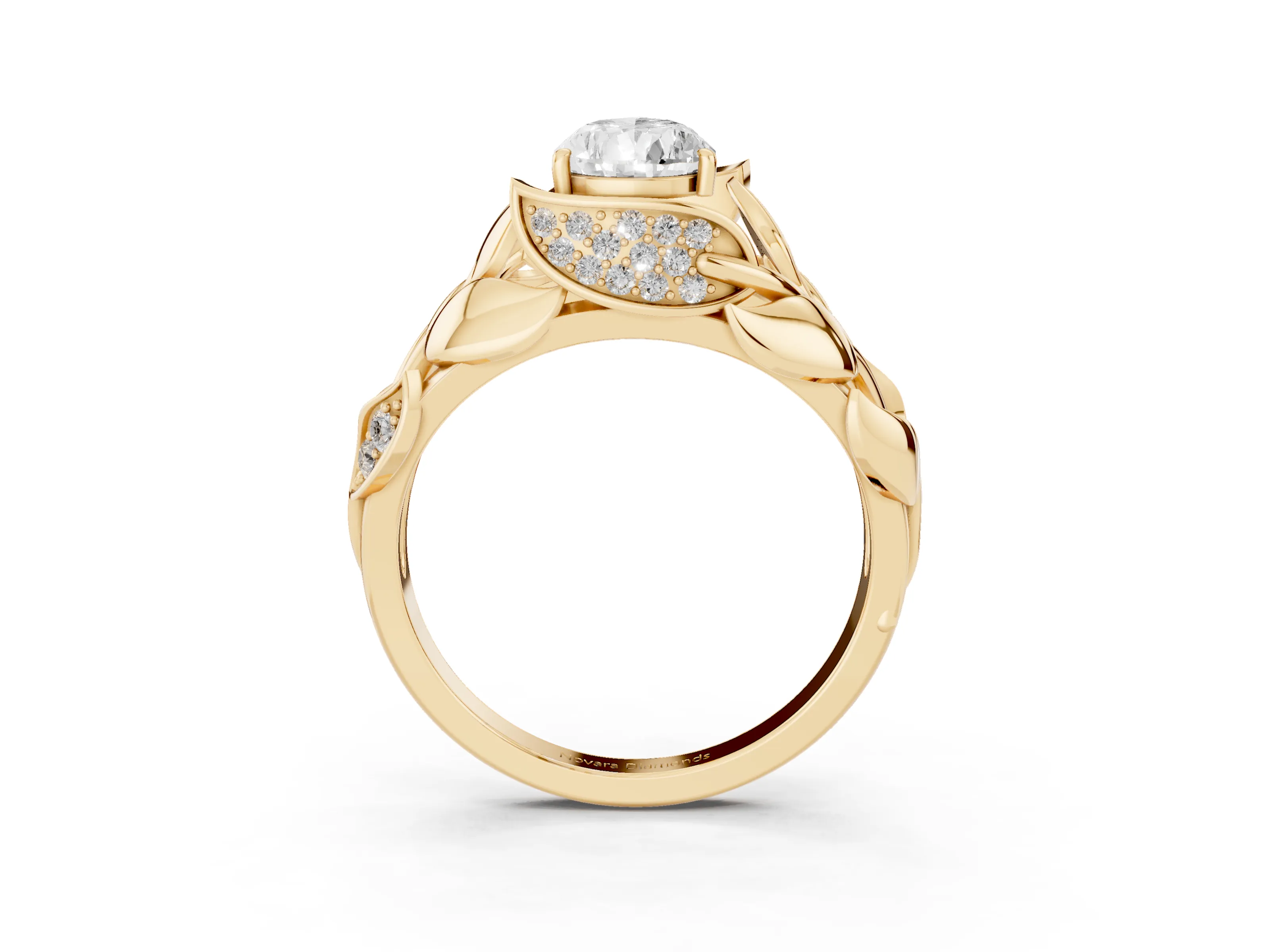 Pear Cut Diamond Leaf-Inspired Engagement Ring Set in Yellow gold with Round Accents
