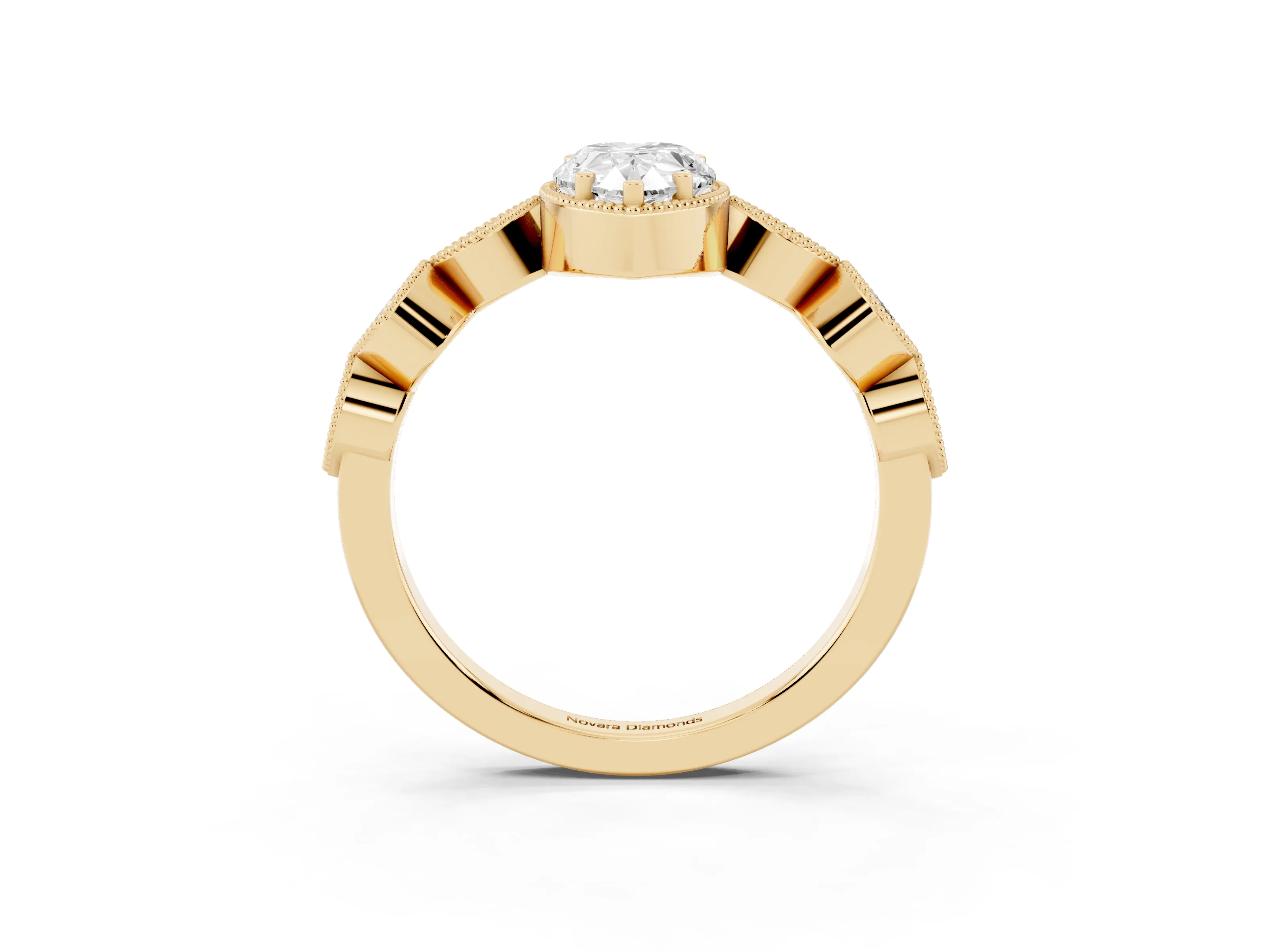 Pear Cut Diamond Vintage-Inspired Milgrain Ring Set in Yellow gold with Marquise Stations of Round Accents