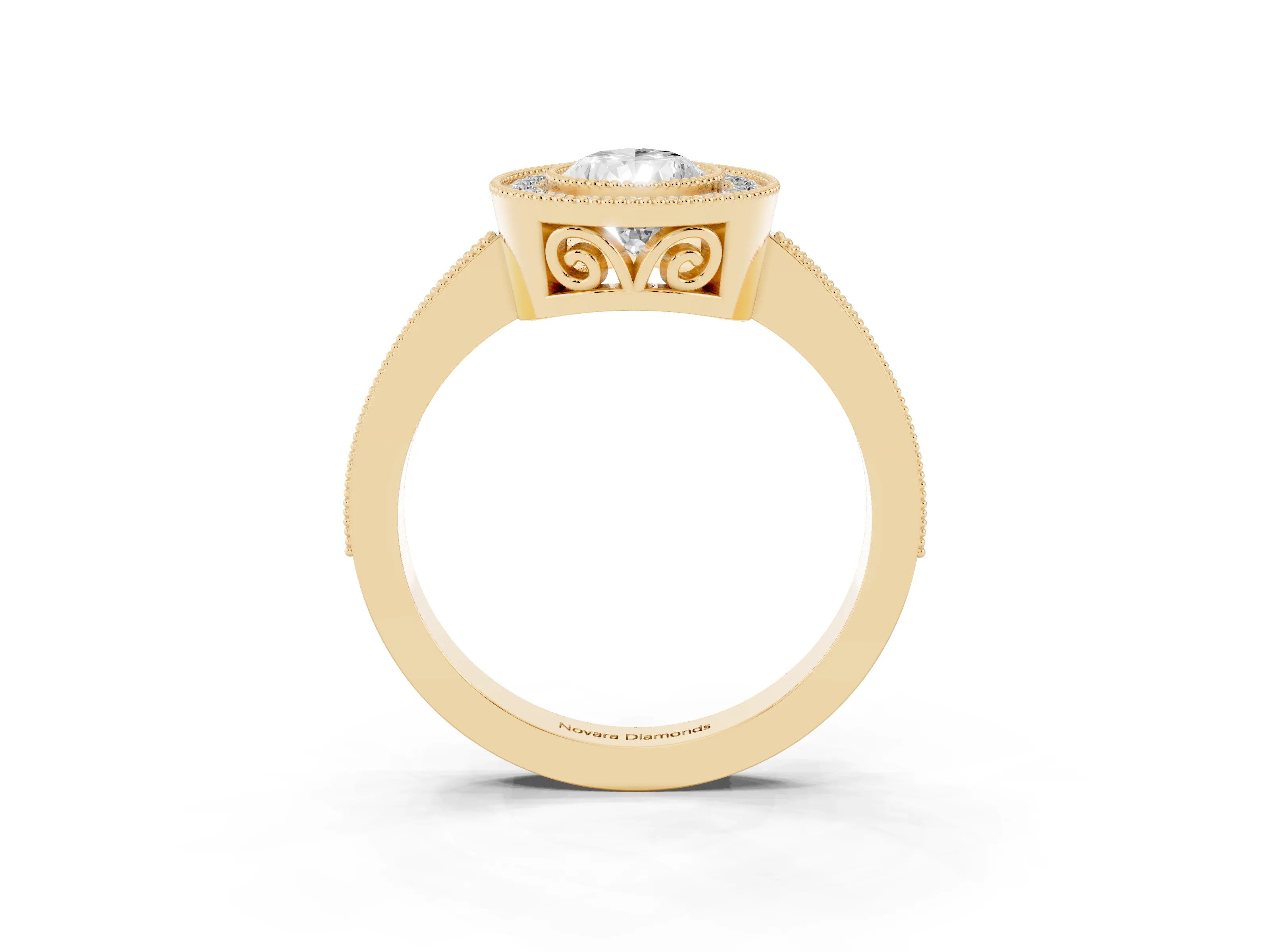 Pear Cut Diamond Halo Ring Set in Yellow gold with Pavé Band and Milgrain-Edged Prongs