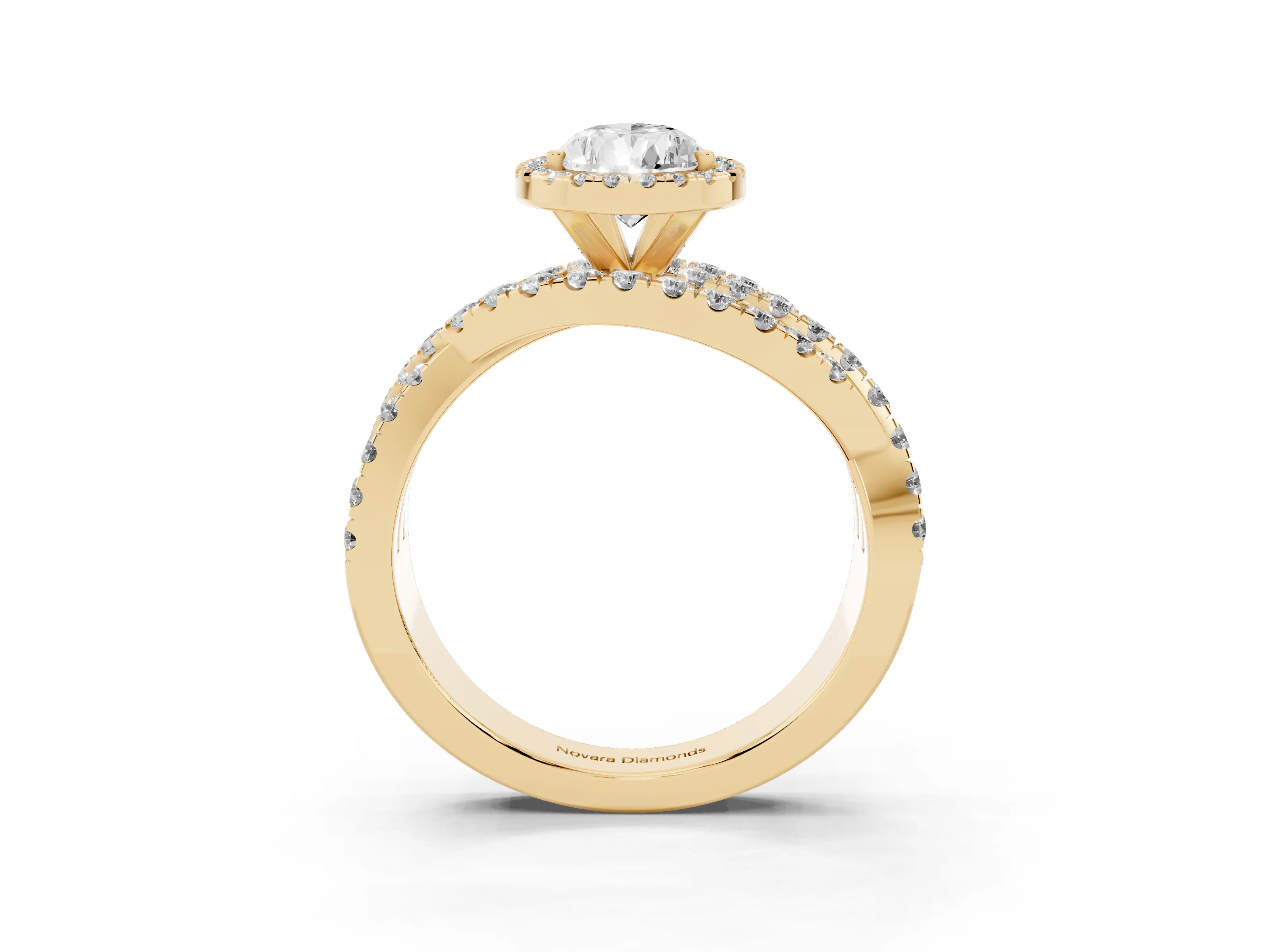 Pear Cut Diamond Halo Ring Set in Yellow gold with Round Crossover Split Shank and Prong Setting