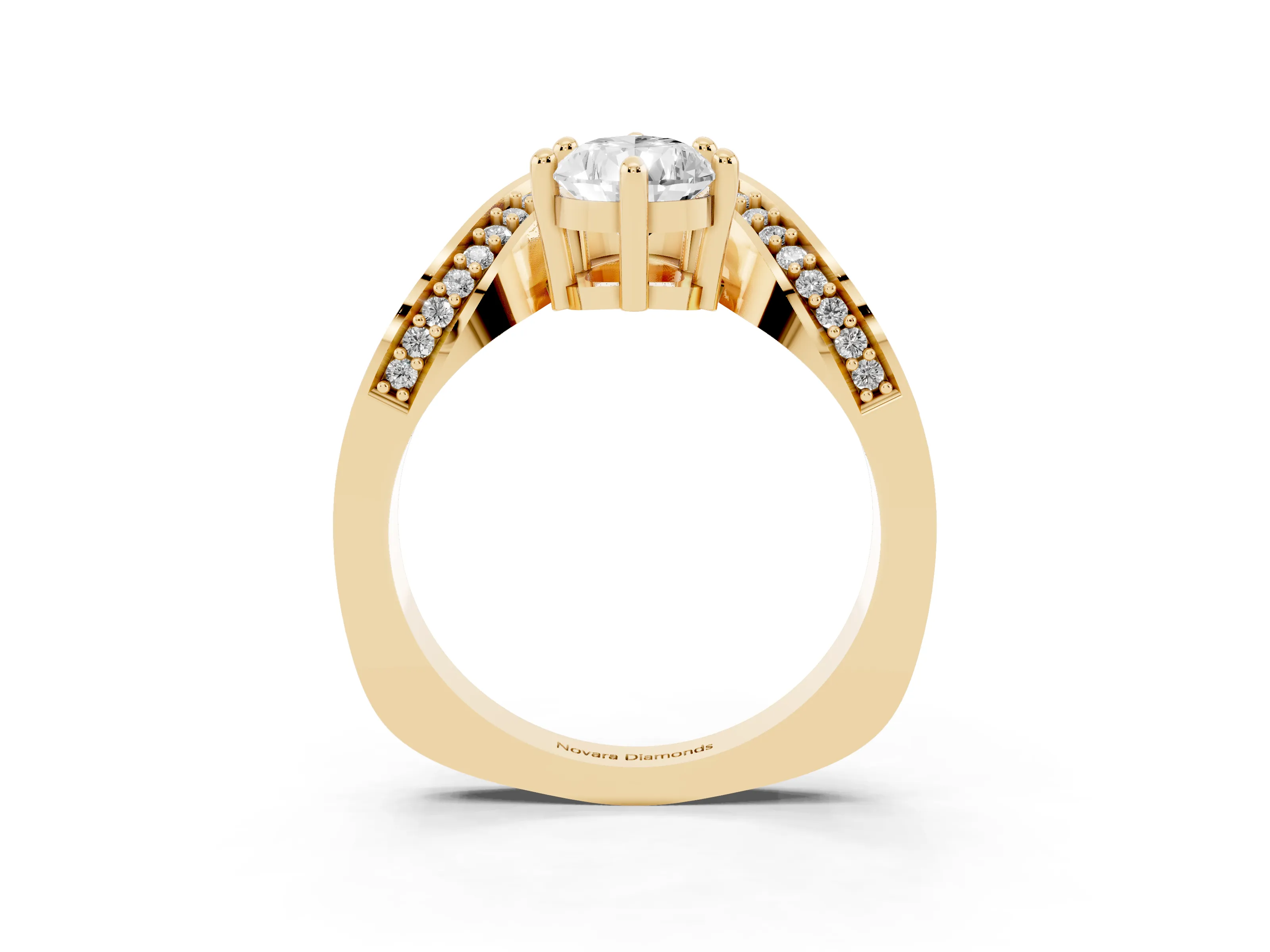 Pear Cut Diamond Solitaire Engagement Ring Set in Yellow gold with Pavé Shoulders