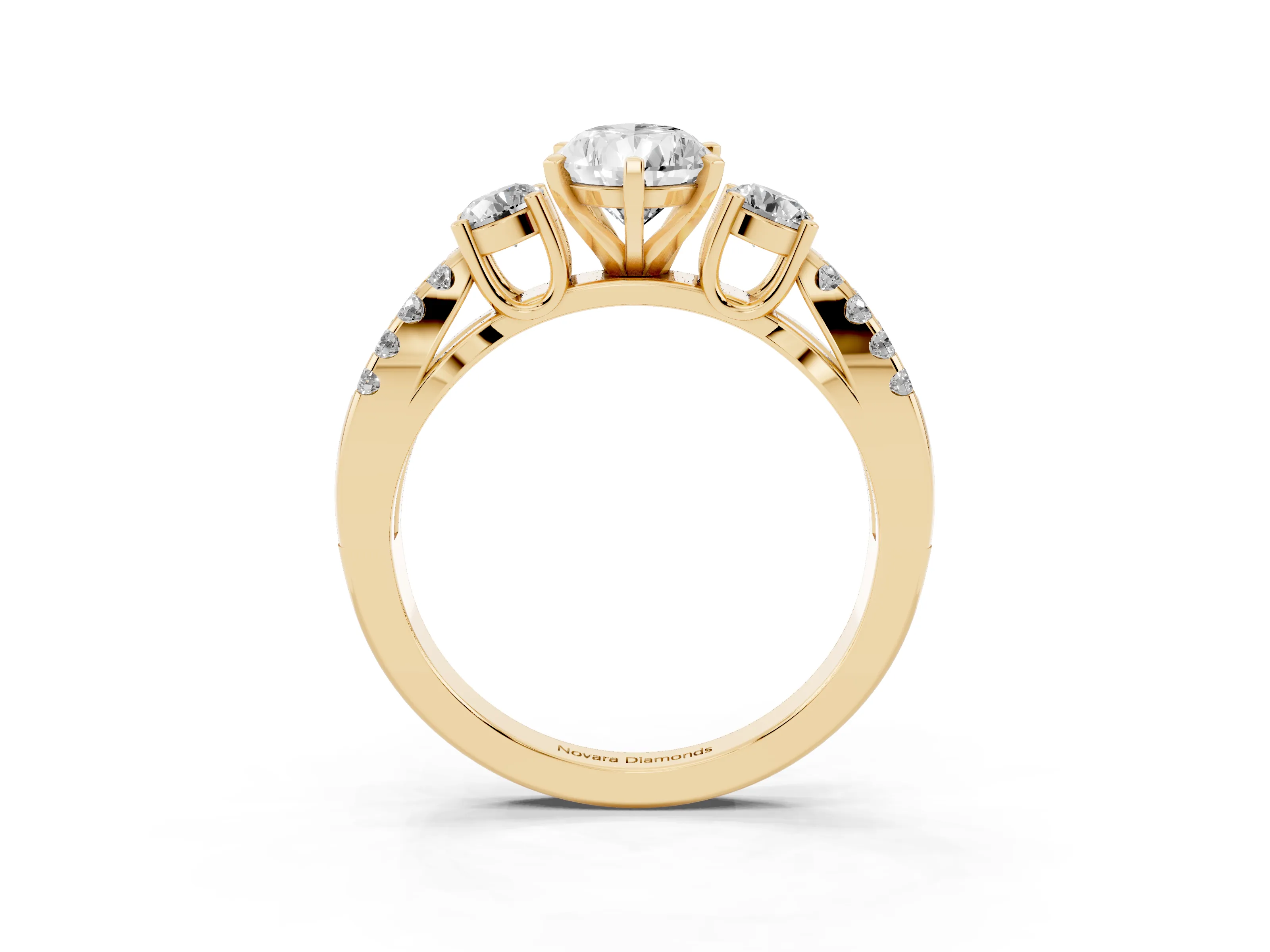 Pear Cut Diamond Three-Stone Ring Set in Yellow gold with Pavé Split Shank and Prong Setting