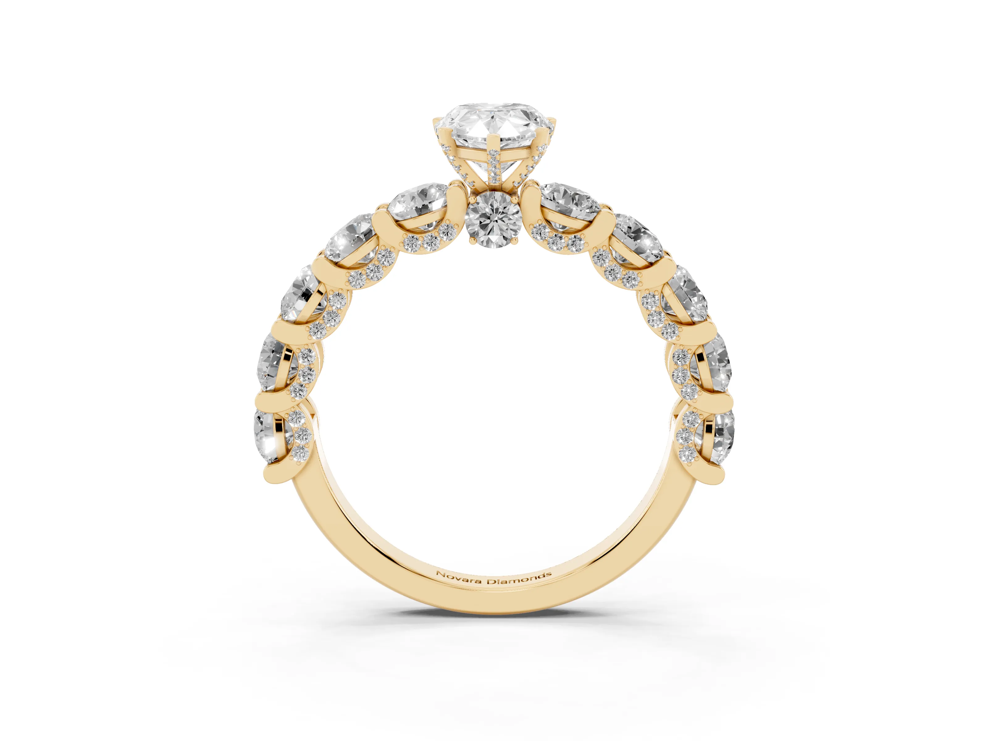 Pear Cut Diamond Side Stone Ring Set in Yellow gold with Alternating Round and Oval Side Stones