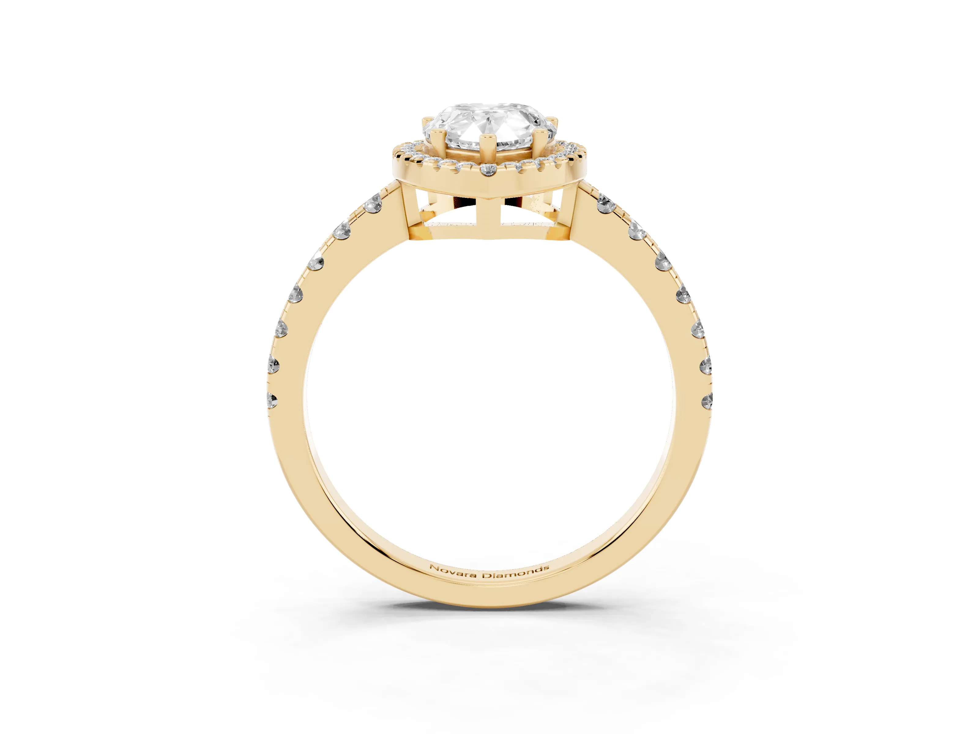 Pear Cut Diamond Halo Ring Set in Yellow gold with Delicate Pavé Band and Prong Setting
