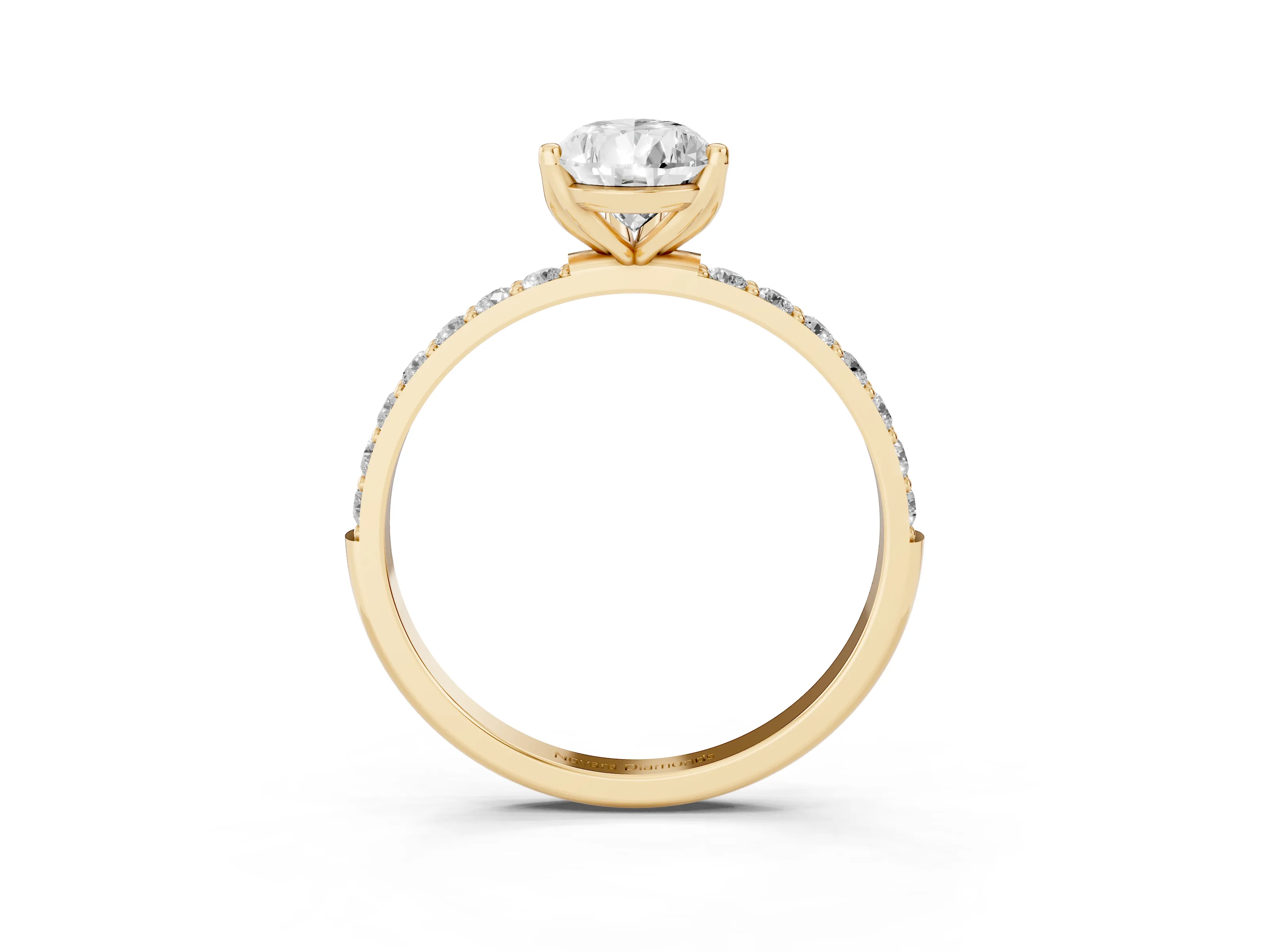 Pear Cut Diamond Solitaire Engagement Ring Set in Yellow gold with Round Pavé Band and Prong Setting