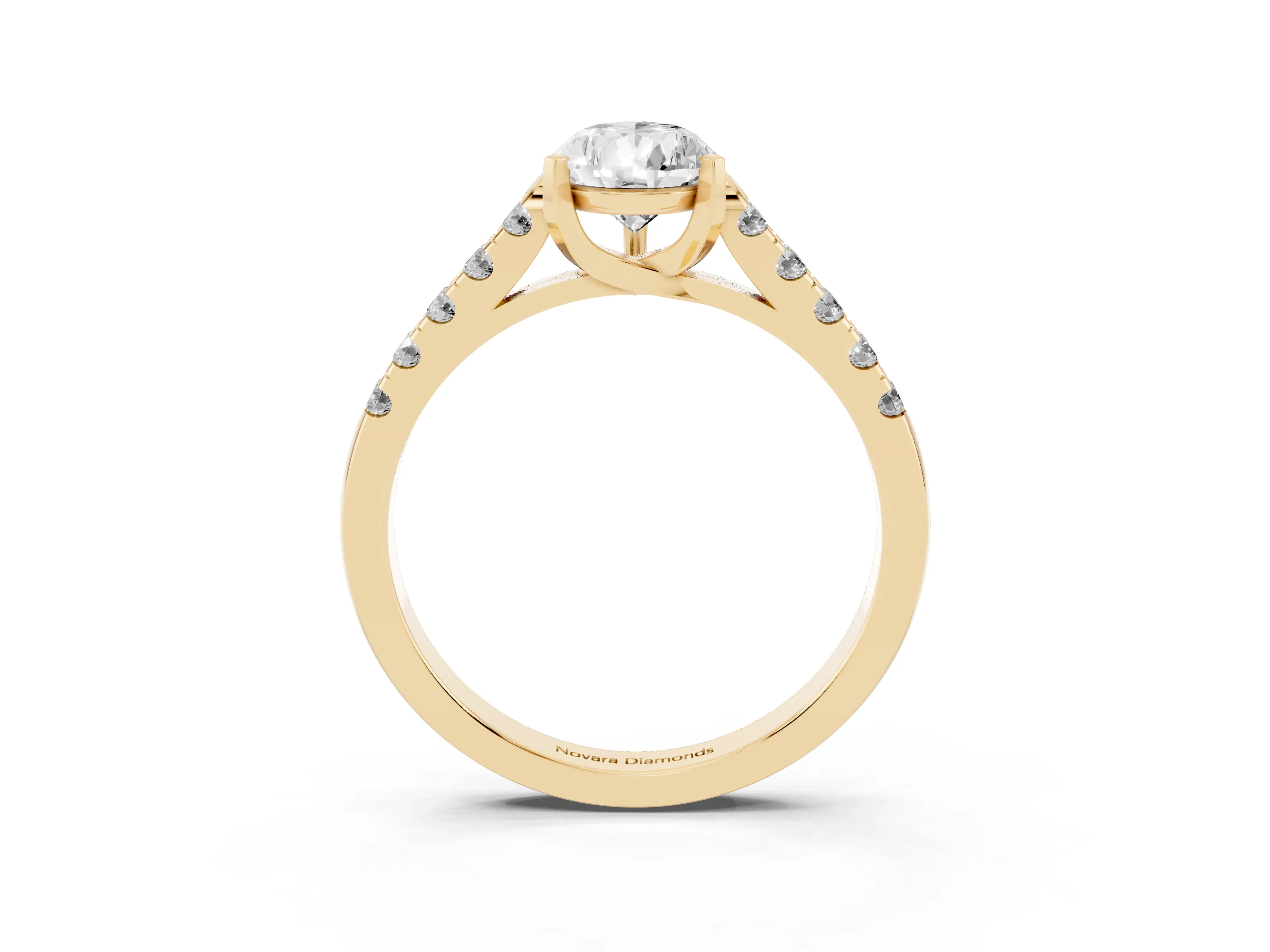 Pear Cut Diamond Pavé Band Solitaire Ring Set in Yellow gold with Partway Accent Stones and Prong Setting