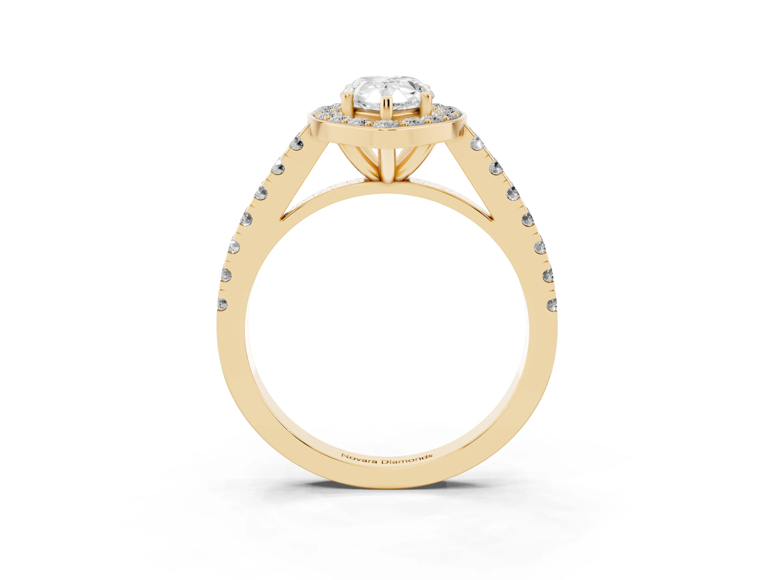 Pear Cut Diamond Halo Ring Set in Yellow gold with Round Pavé Split Shank and Prong Setting