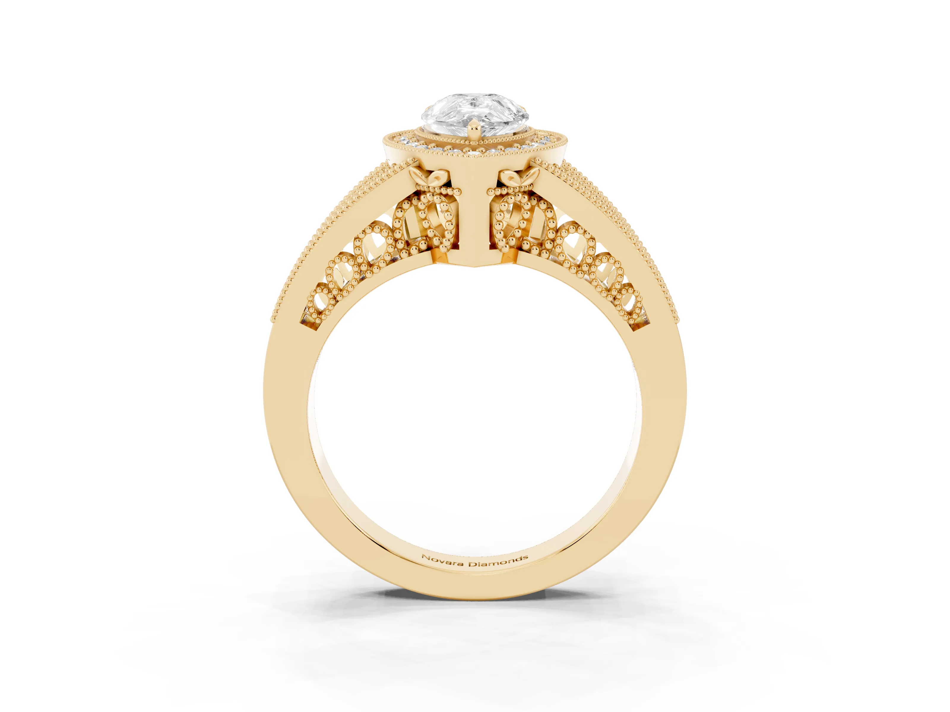 Pear Cut Diamond Halo Ring Set in Yellow gold with Stone-Set Split Shank and Milgrain Edges