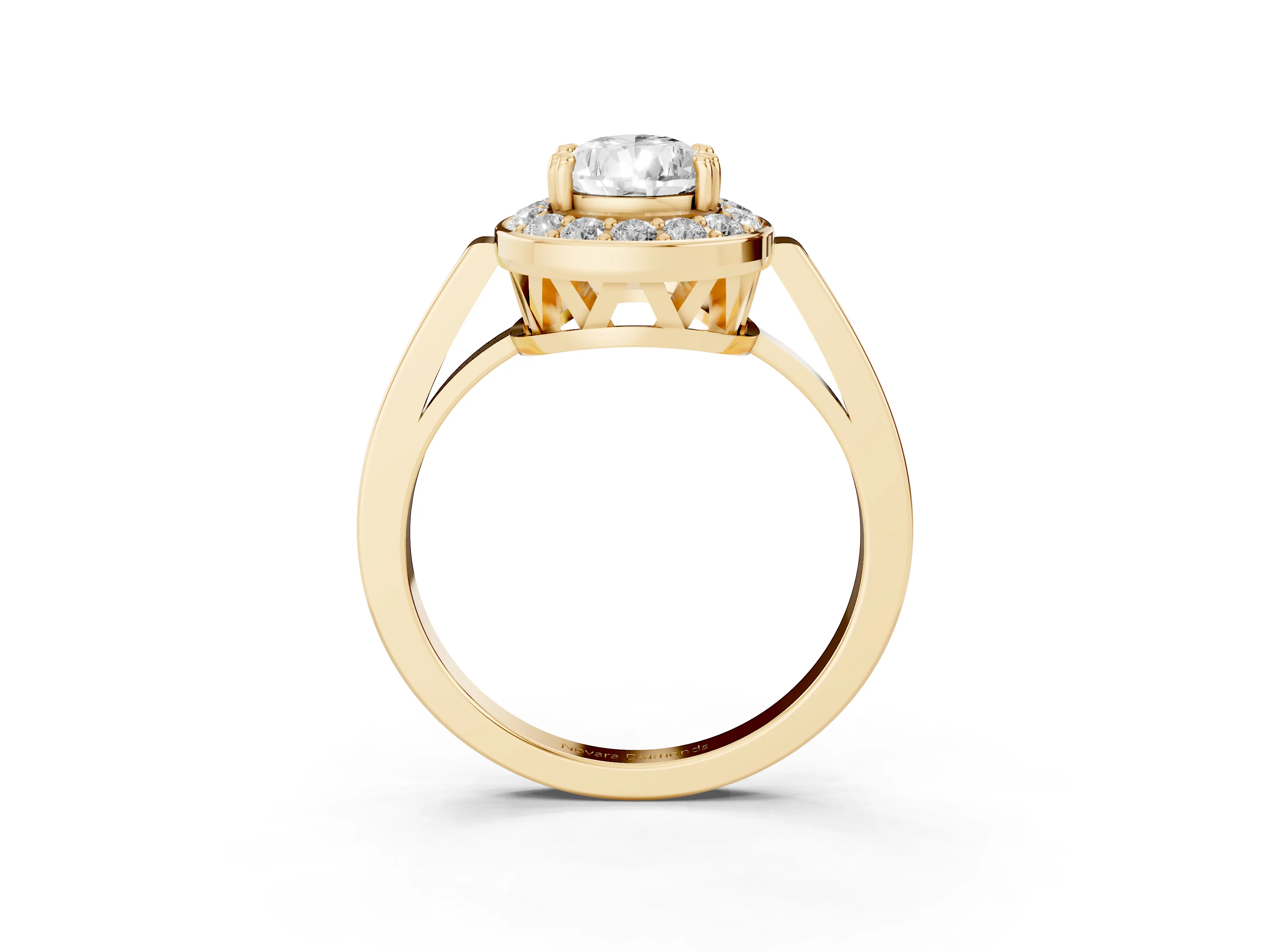 Pear Cut Diamond Halo Ring Set in Yellow gold with Accent-Lined Split Shank and Prong Setting