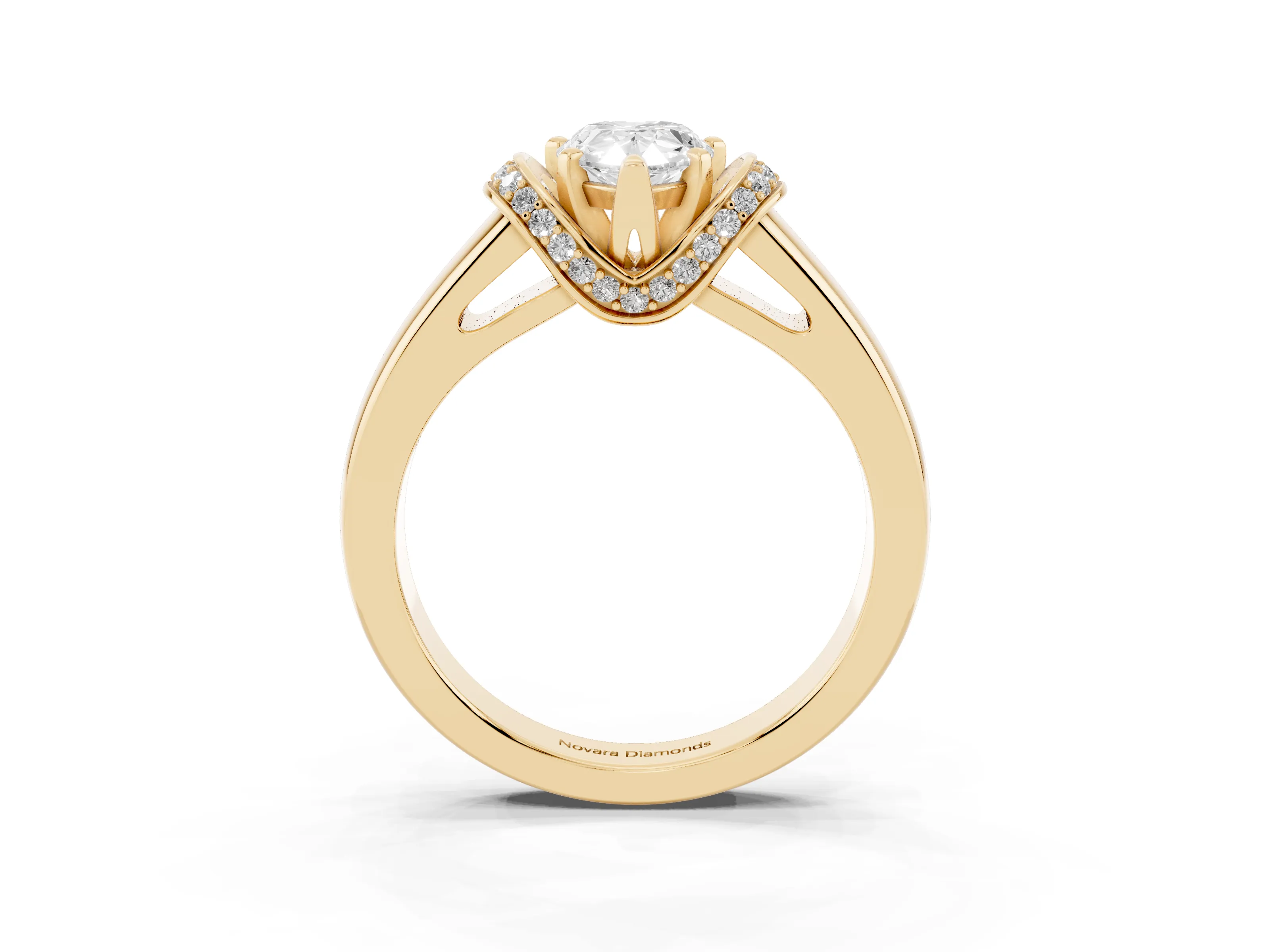 Pear Cut Diamond Pavé Band Solitaire Ring Set in Yellow gold with Prong Setting