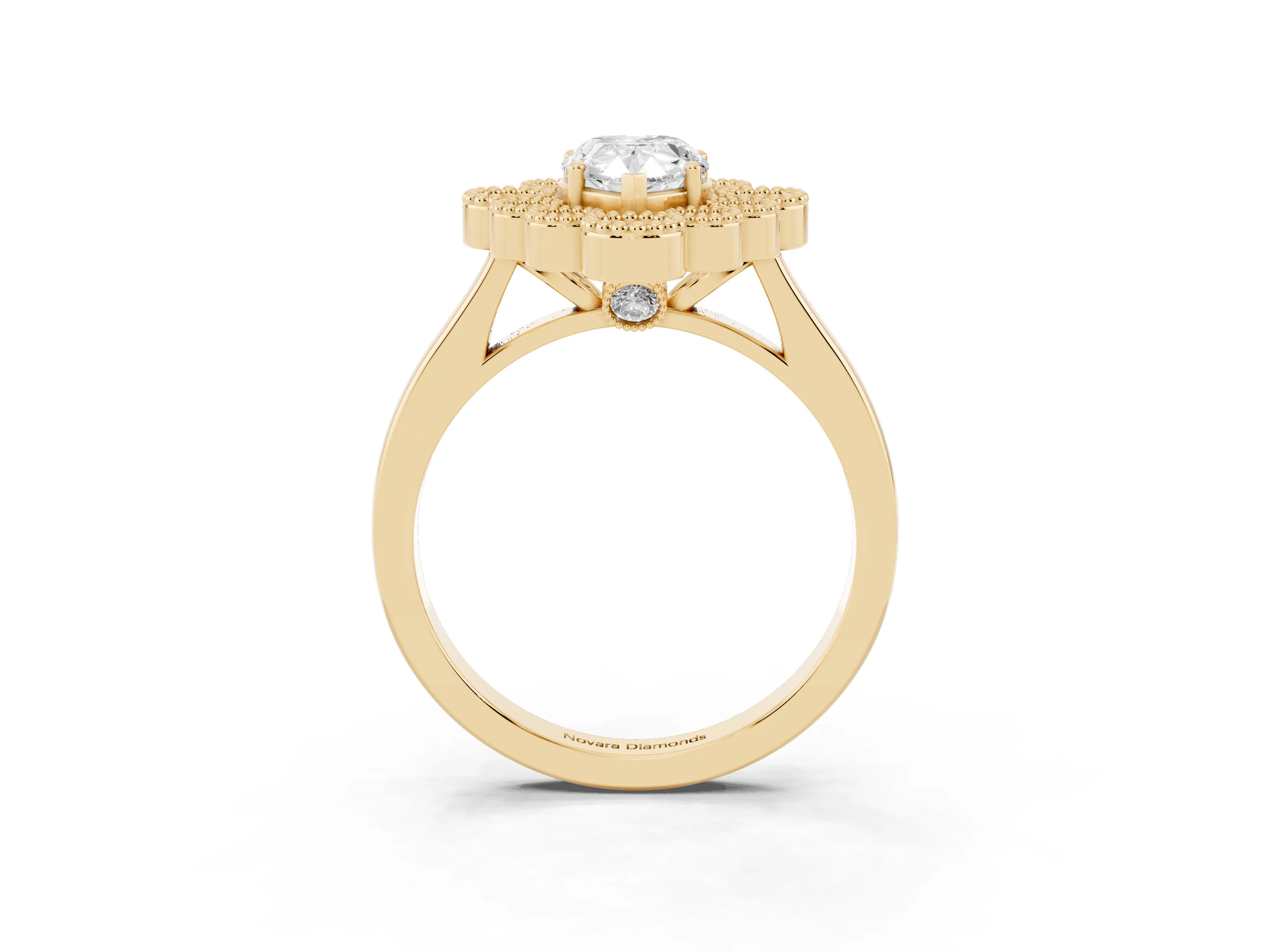 Pear Cut Diamond Cluster Halo Ring Set in Yellow gold with Milgrain Bezel Accents and Plain Band