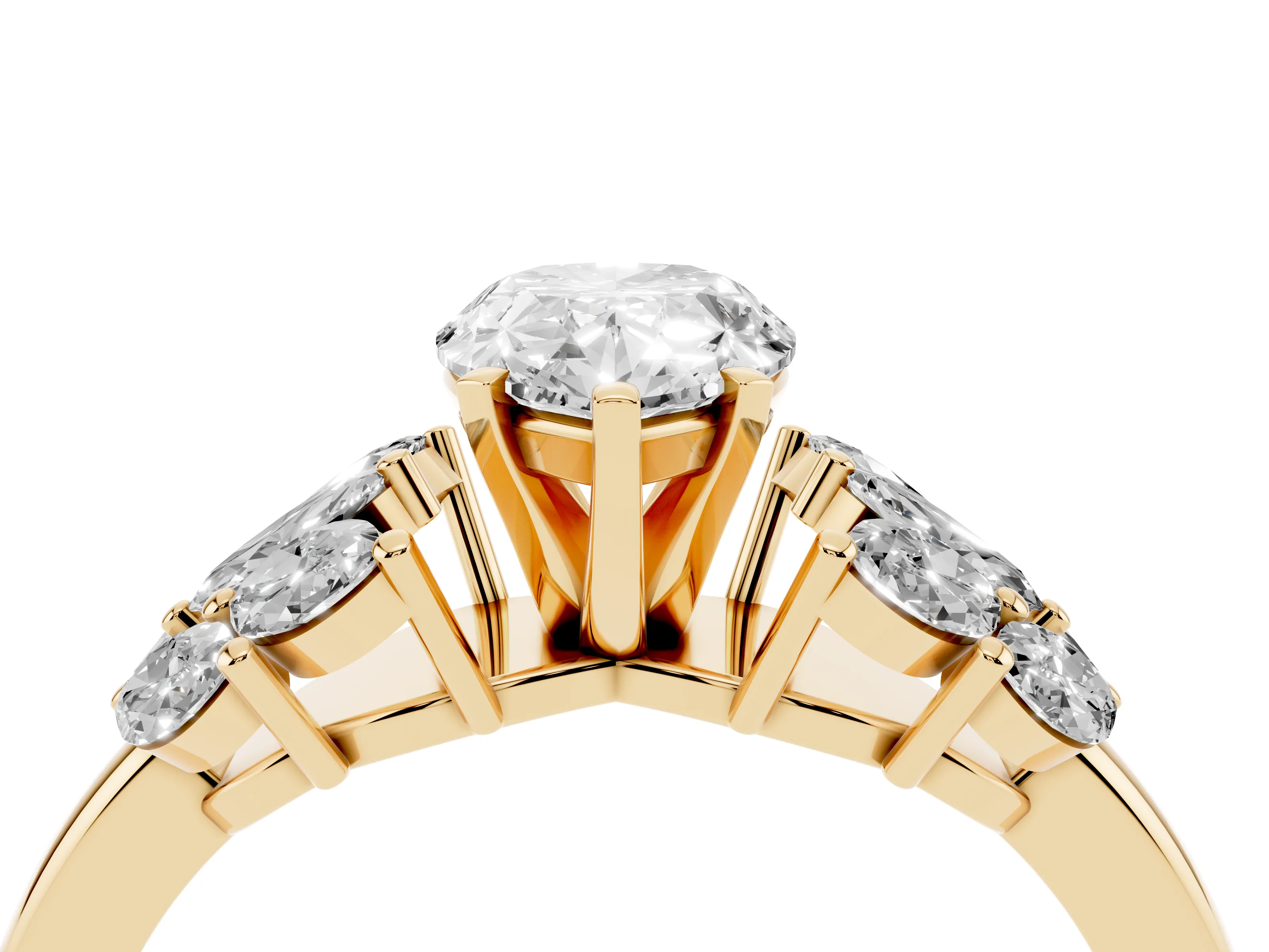 Pear Cut Diamond Cluster Leaf Design Ring Set in Yellow gold with Prong Setting