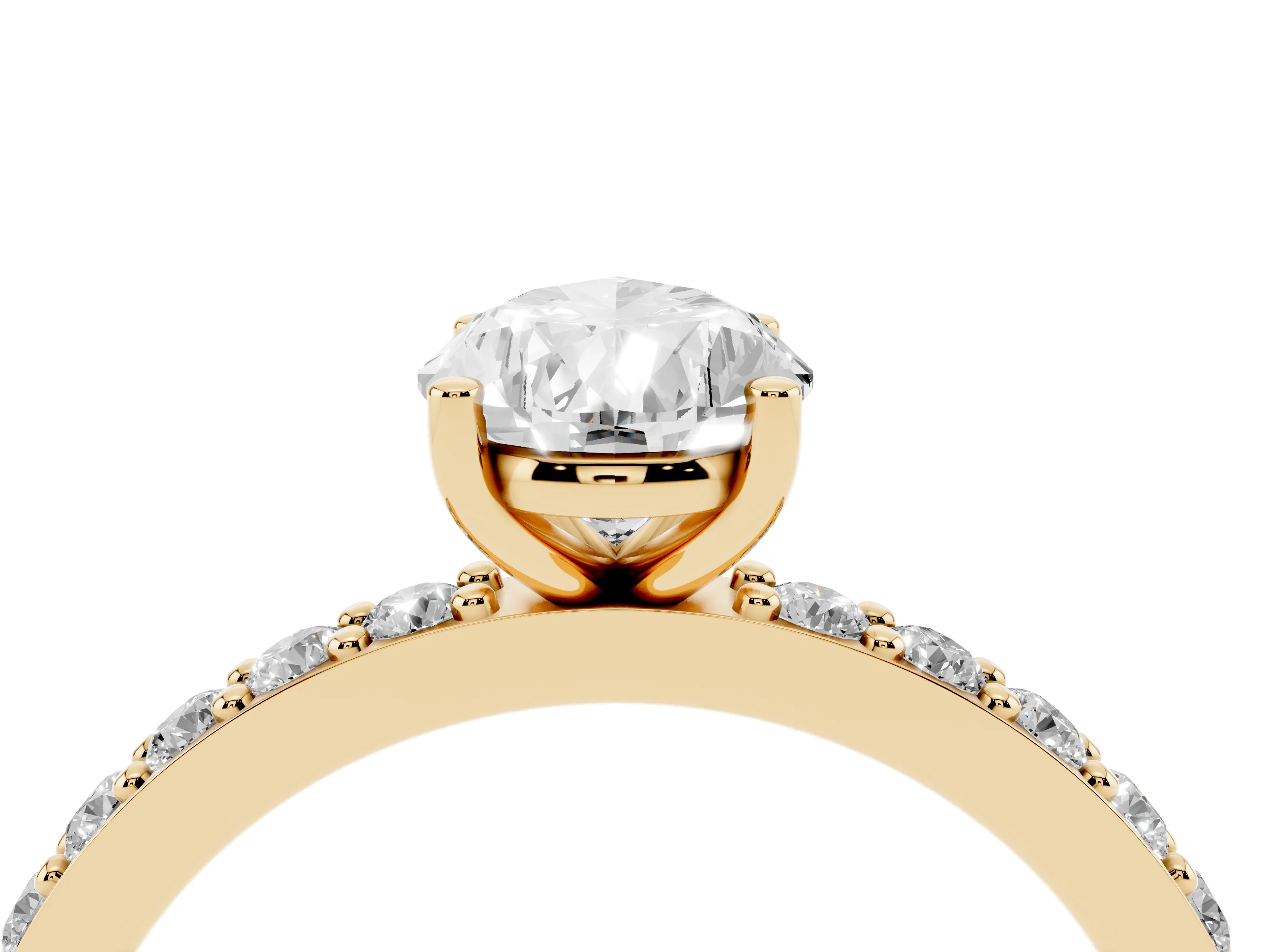 Pear Cut Diamond Solitaire Set in Yellow gold with Round Pavé Band and Prong Setting