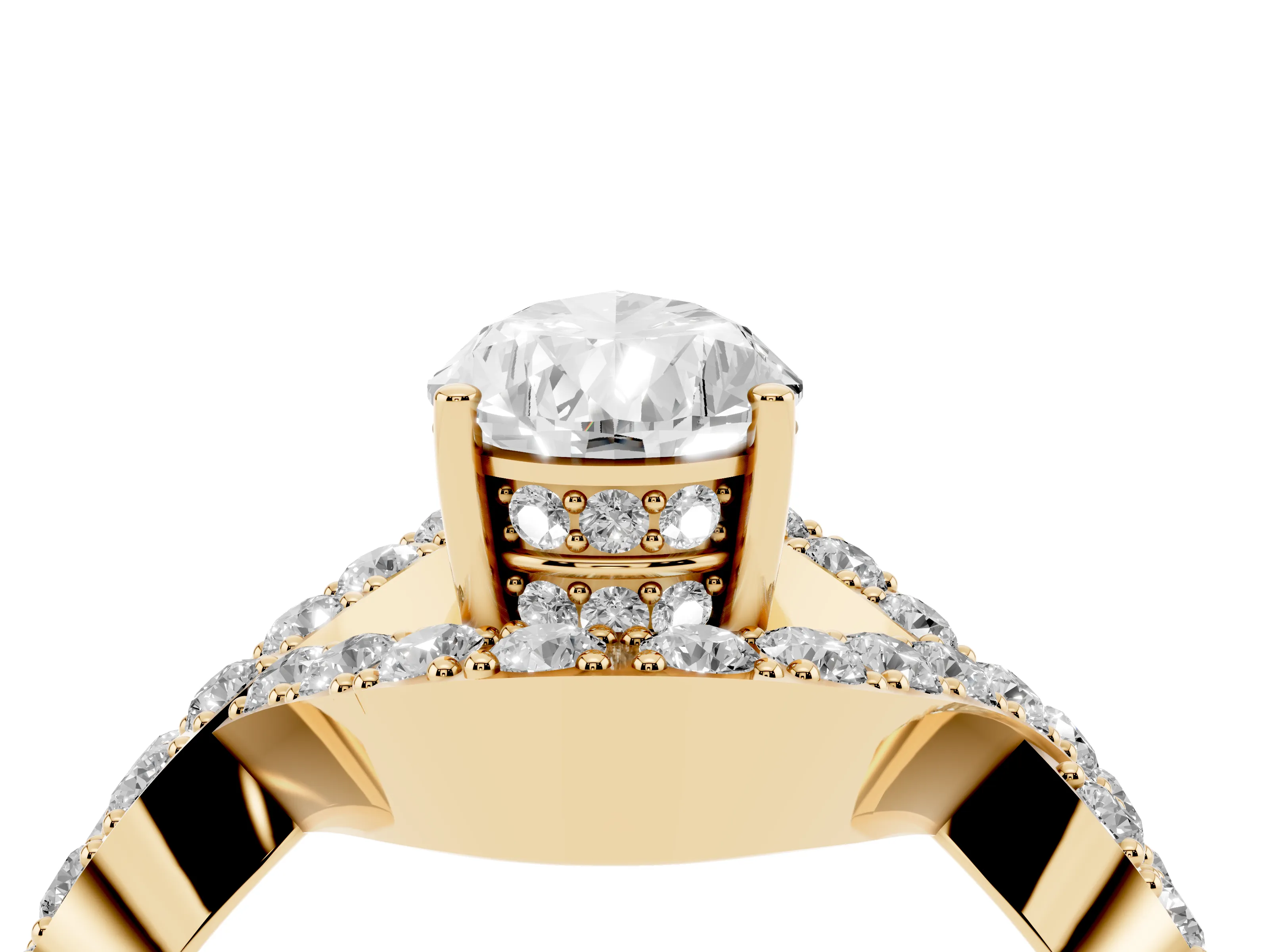 Pear Cut Diamond Solitaire Twist Band Pavé Engagement Ring Set in Yellow gold