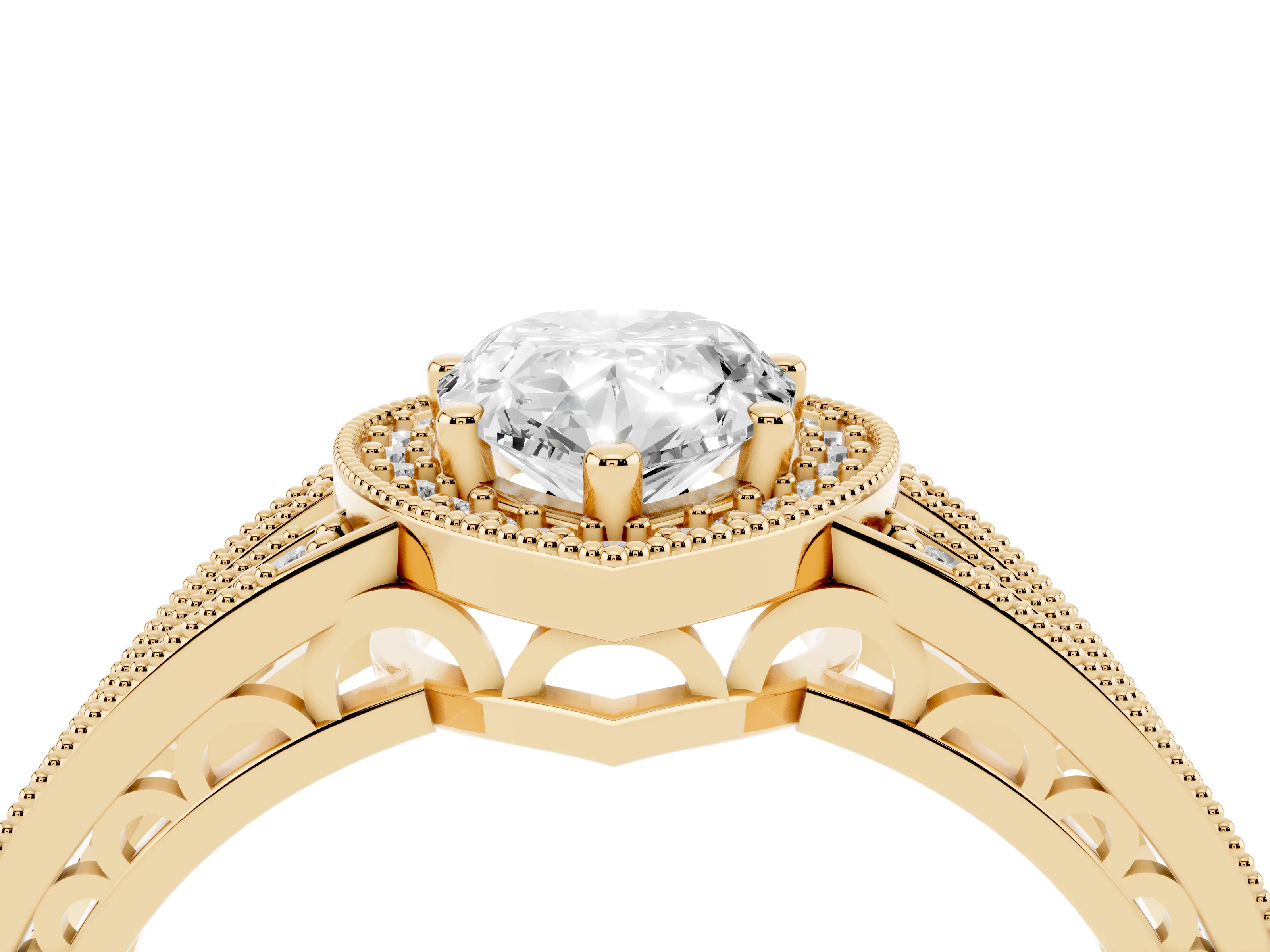 Pear Cut Diamond Halo Ring Set in Yellow gold with Accent Split Shank and Prong Setting