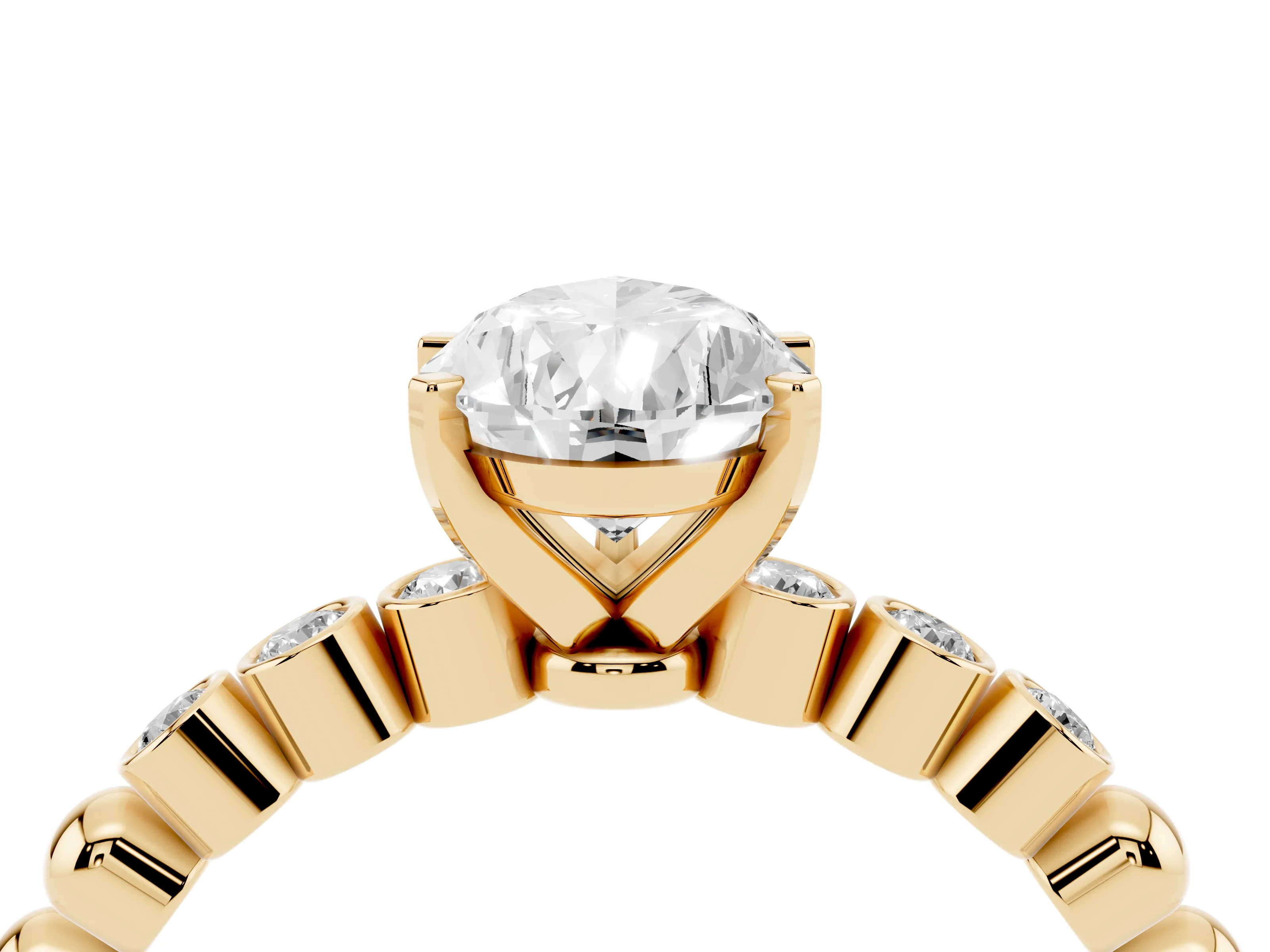 Pear Cut Diamond Solitaire Engagement Ring Set in Yellow gold with Bezel Accents on Beaded Band