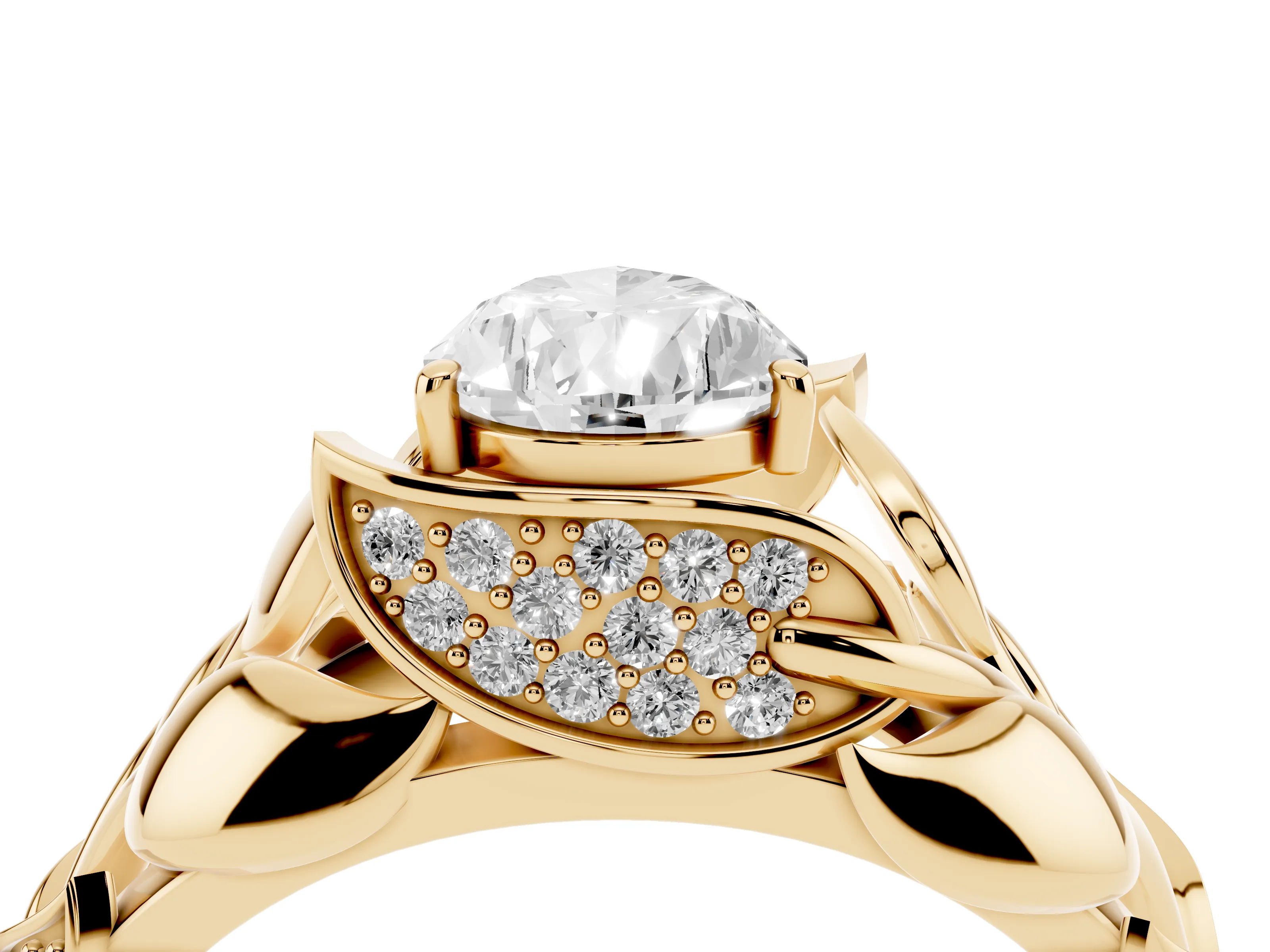 Pear Cut Diamond Leaf-Inspired Engagement Ring Set in Yellow gold with Round Accents